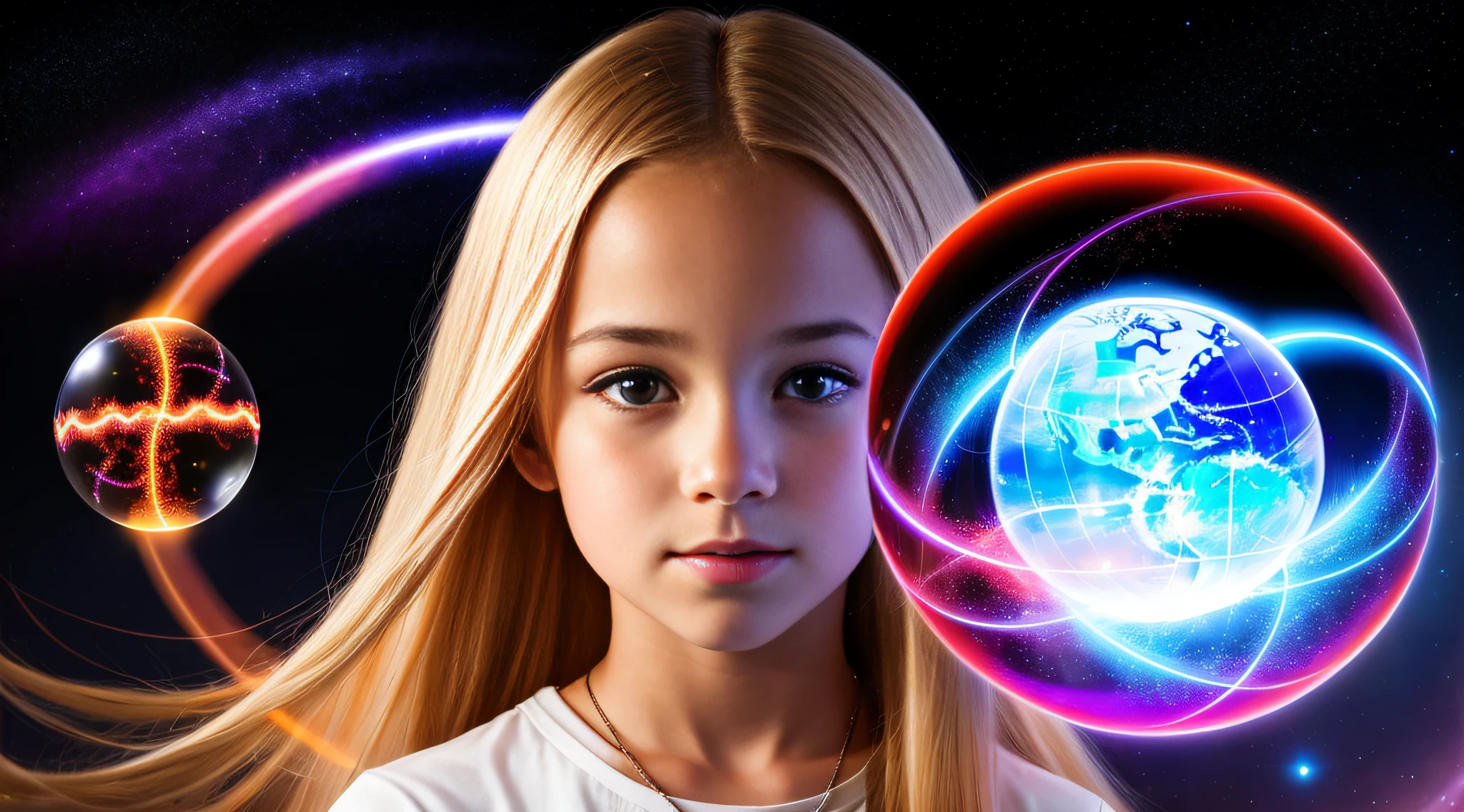 girl CHILD , blonde straight hair very long WITH BRAIDS, PORTRAIT STYLE, CLOSEUP, of a plasma ball with a red ball in the middle, plasma globe, a large sphere of red energy, plasma charges, spinning plasma, aura of electricity, plasma, inner glow of plasma neon, energy spheres, colored plasma hairs, lightning arc plasma, tesla coil, electrons, plasma rays, electric aura, glowing sphere, purple energy, electrifying
