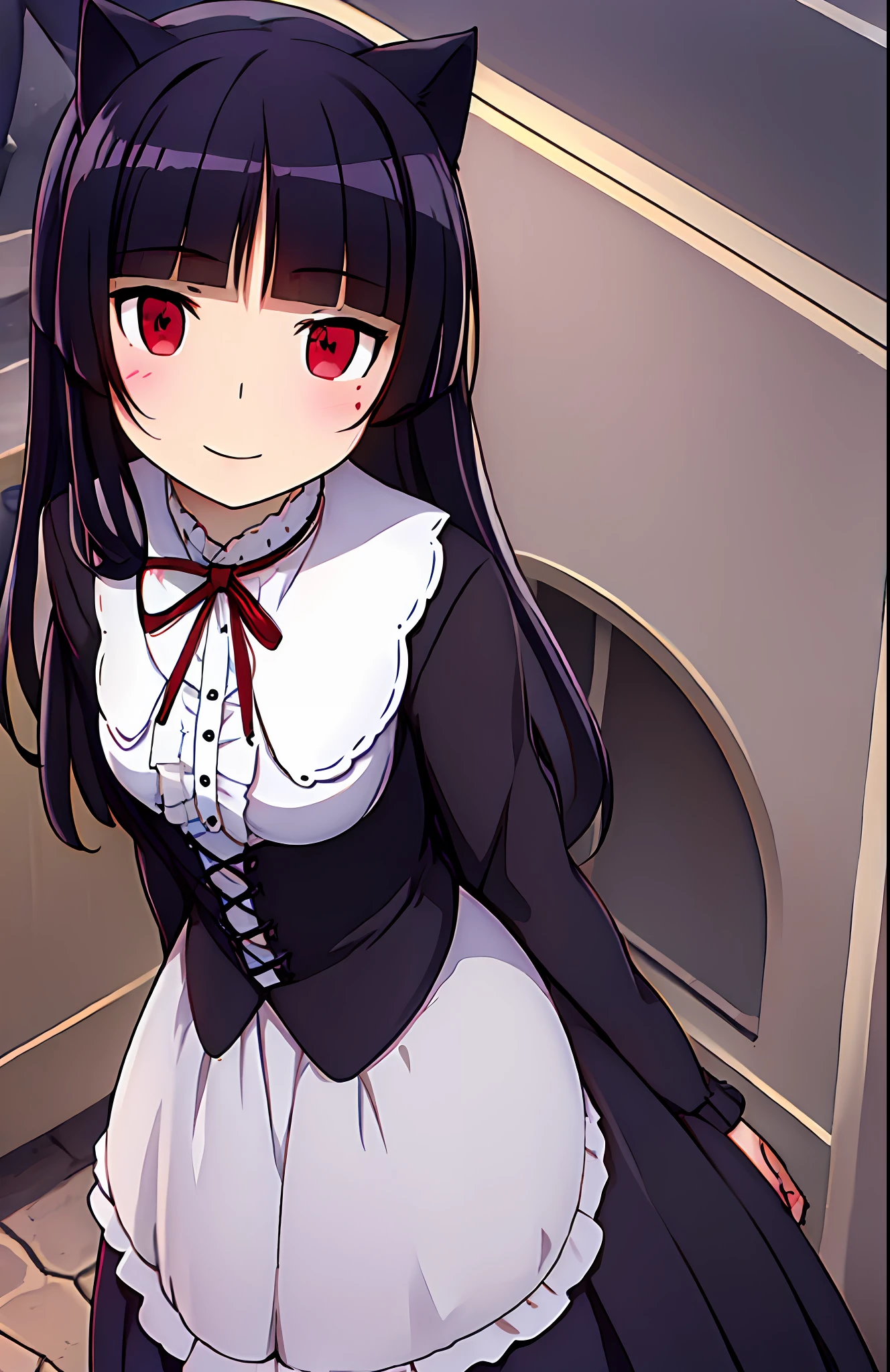 ((masterpiece,best quality,ultra detailed)),perfact face,hime cut,blunt bangs,cat ears,beatiful face,smile,upper body,standing,1girl,solo,detail eyes,red eyes,(gothic dress),((amusement park))