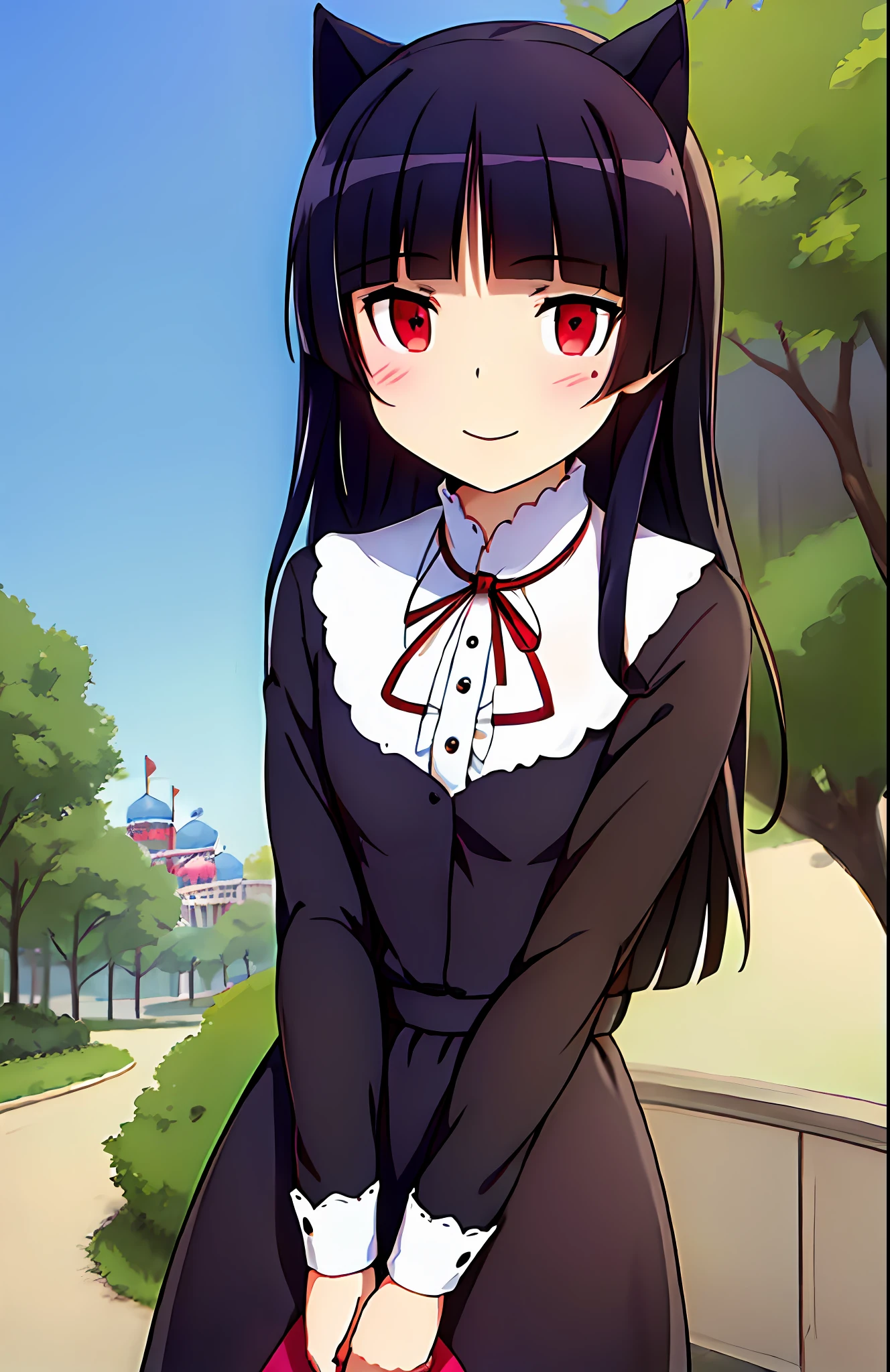 ((masterpiece,best quality,ultra detailed)),perfact face,hime cut,blunt bangs,cat ears,beatiful face,smile,upper body,standing,1girl,solo,detail eyes,red eyes,(gothic dress),((amusement park))