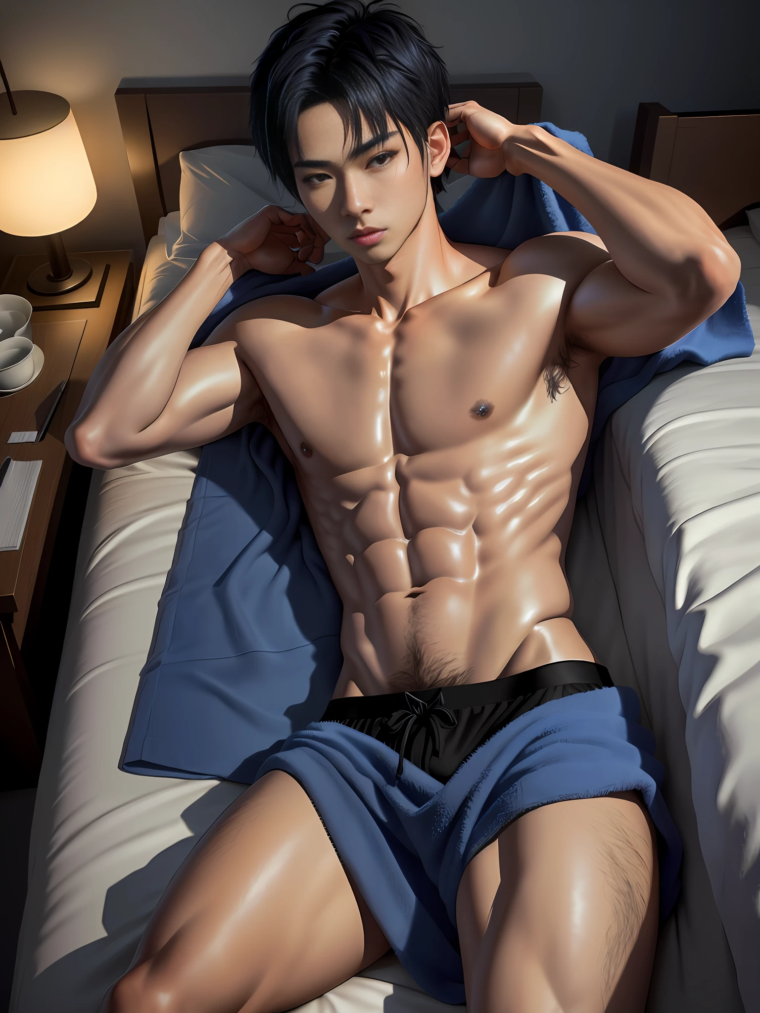 Asian, realistic, detailed, distant view, sexy, boy child, young, short straight black hair, black eyes, towel on hips, arrogant look, in bed, lying in bed,having, underwear, no underwear, naked, realistic eyes, detailed face, detailed hands, sweaty, detailed legs, detailed fingers, blue hair, detailed hair, detailed eyes, detailed skin, dynamic lighting, (photorealistic: 1.4), 8k uhd, (hyper realistic), (photorealistic), (masterpiece), (best quality)