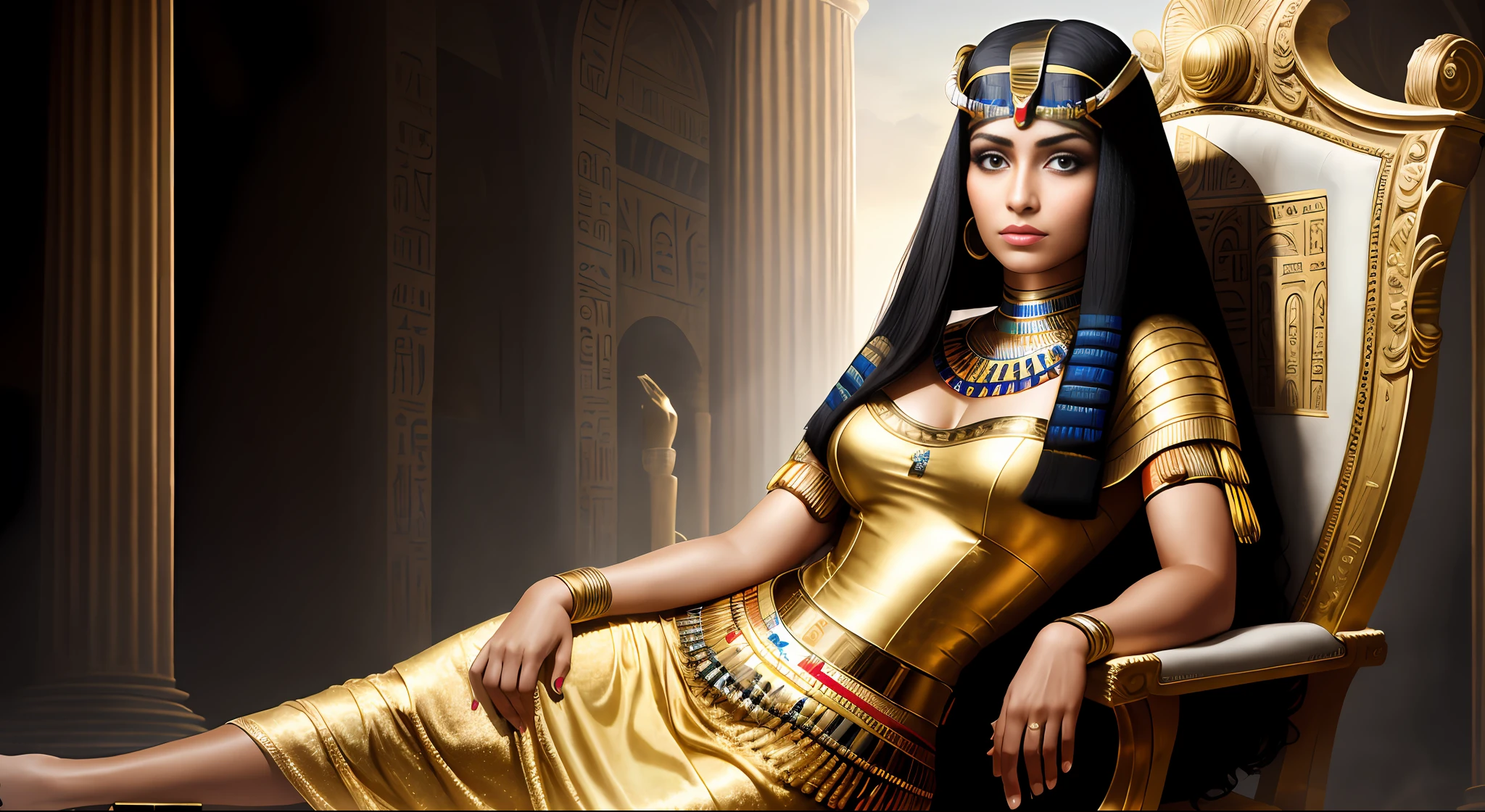 portrait photography, cleopatra,beautiful looking out of camera with(egyptian dress), super realistic face, eyes visible through hair, proper eye position, natural skin, soft light, rim light, body,sitting on a throne,(full body), sexy,on a hill, detailed background, intricate, high detail, octane render, HD, 8k, by Annie Leibovitz, 120mm