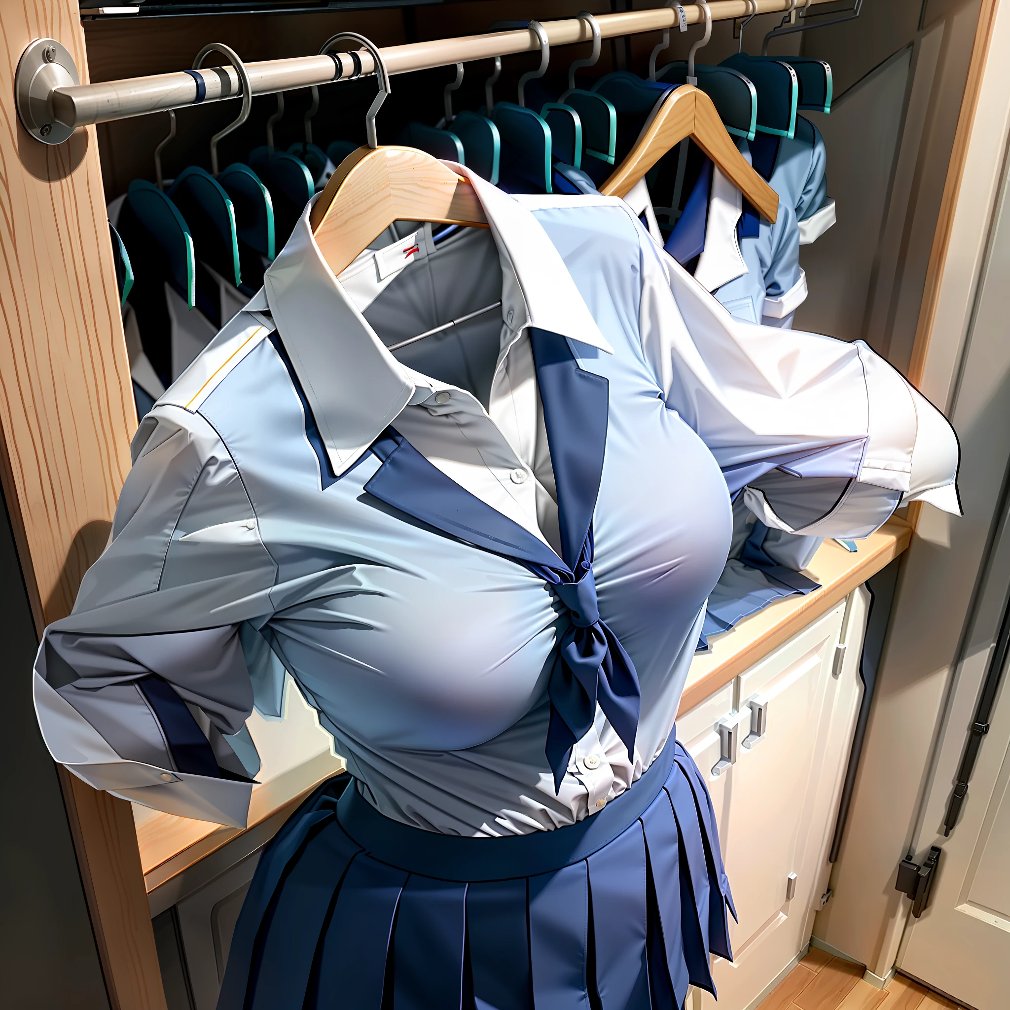 hanger school uniforms in closet raise their sleeves as if invisible girl wear it, school uniforms swells as if possessed by invisible girls, school uniforms have huge breasts and cleavage, (((no humans))), (headless), faceless, invisible girls, from above, (hanger), jk ribbon on the neck, from behind