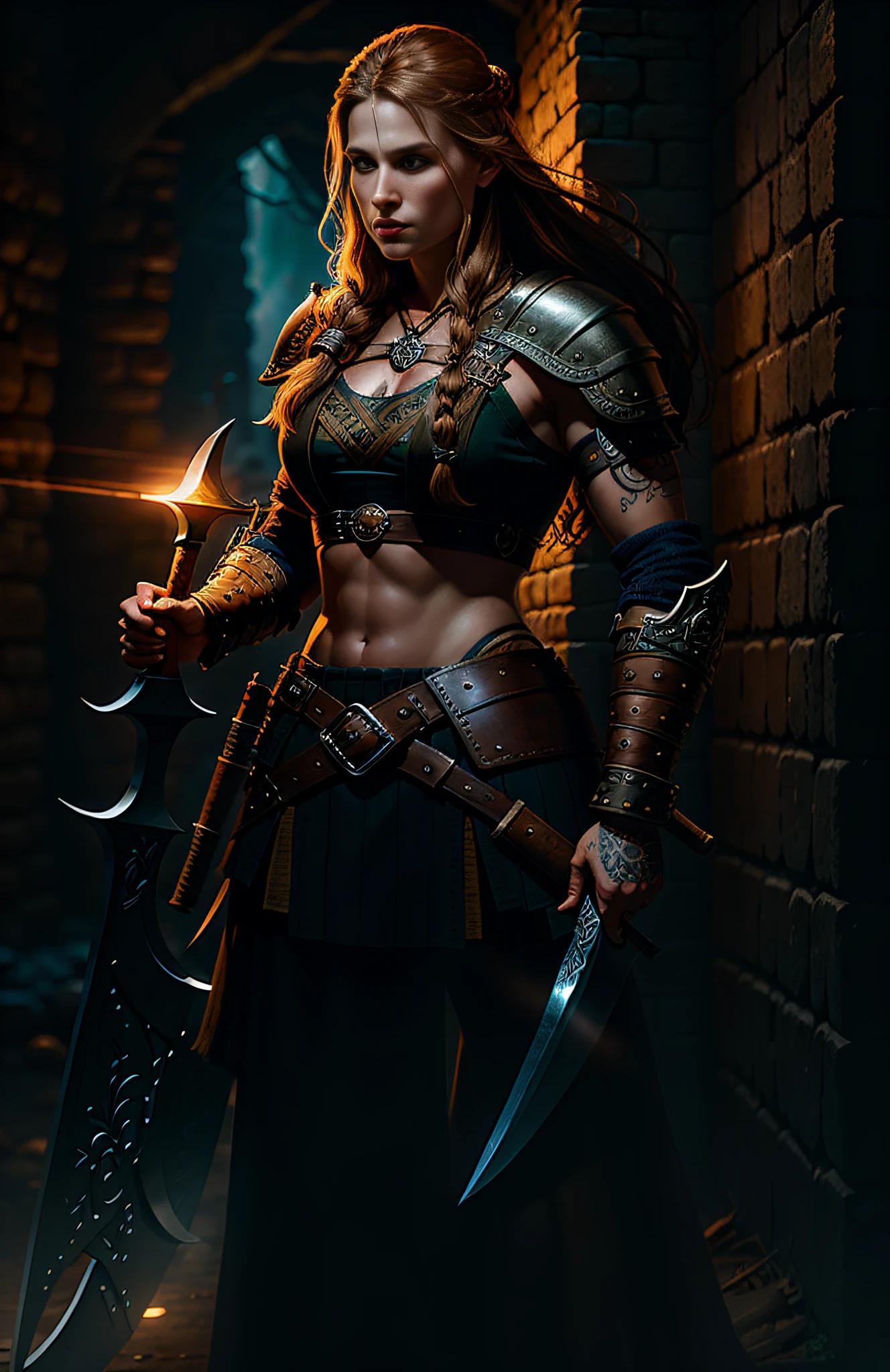 Movie poster, Viking female warrior, with a Viking style tattoo on her body, long brown hair, delicate face, holding a Viking battle axe, leather equipment, highly detailed, complex details, volumetric lighting, 4K rendering, ultra-realistic, realistic textures,