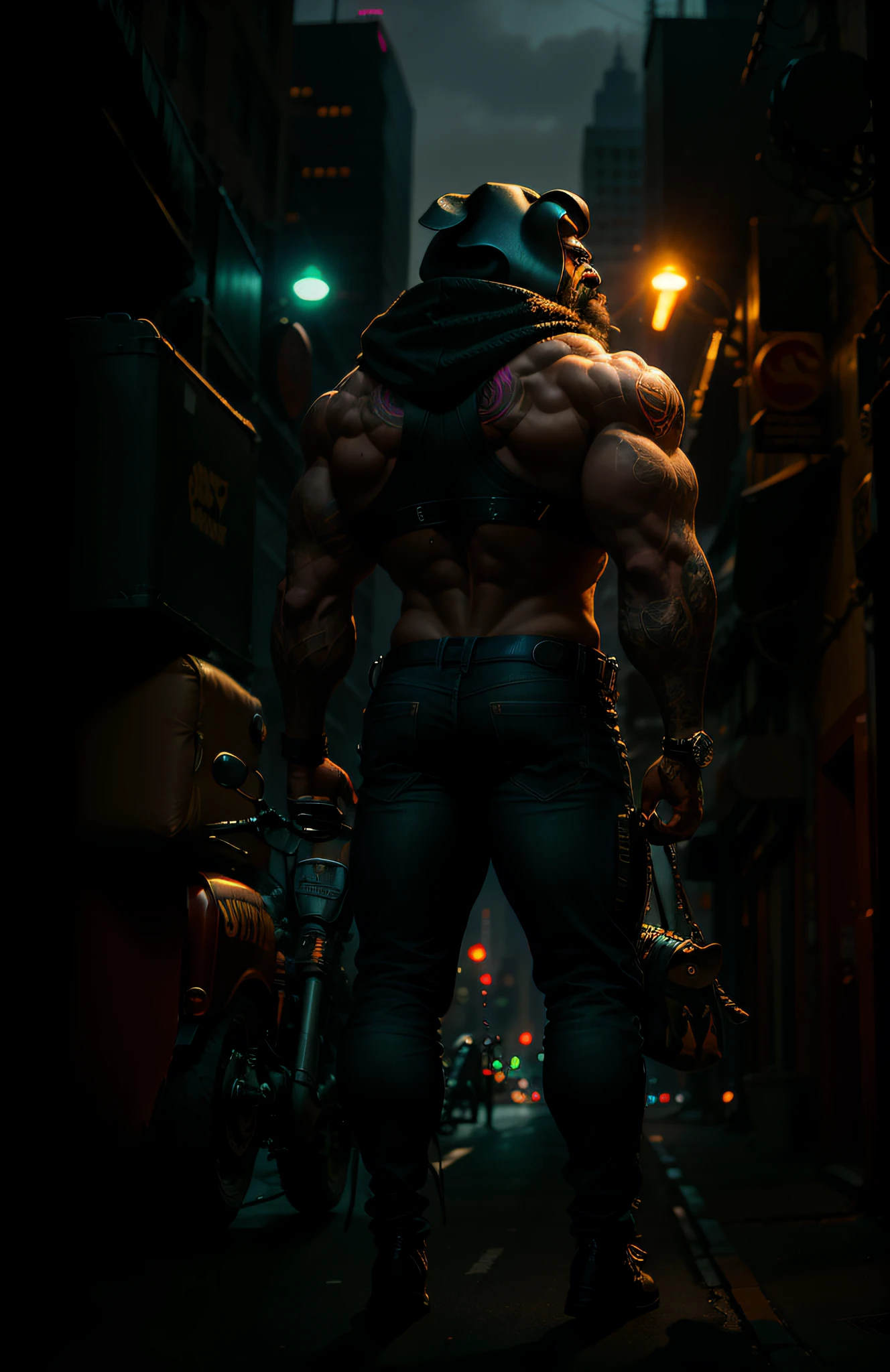 ((best quality)),((ultratailed)), ((masterpiece)), illustration, Scene structure: eleanfante animal personified as a gangster, with elephant face and human body. He has a muscle build and tattoos on his body. He rides his motorcycle in the city, with tall buildings behind him and flashing neon lights. Immediate composition: elephant-gangster, animal personification, riding motorcycle, tattooed body, muscle building, urban landscape, tall buildings, neon lights