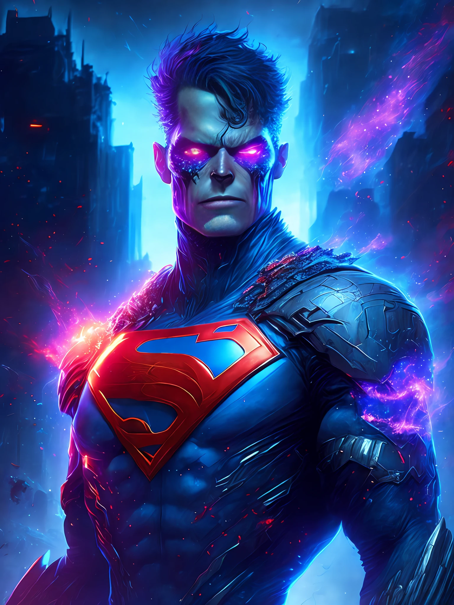 gloomy portrait of Zombie Cyborg Superman from DC, extremely detailed, futuristic cityscape, nighttime, glowing neon lights, smoke, sparks, metal shavings, flying debris, blue energy effects, volumetric light
