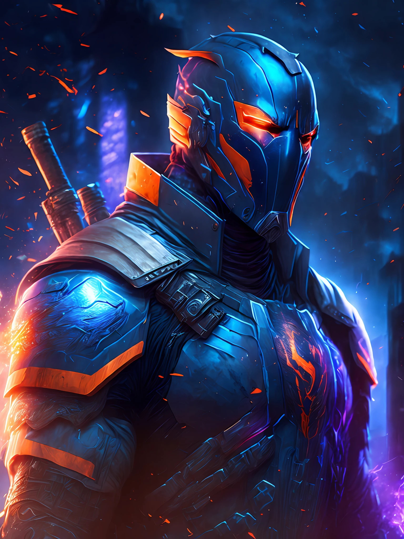 gloomy portrait of Deathstroke from DC, extremely detailed, futuristic cityscape, nighttime, glowing neon lights, smoke, sparks, metal shavings, flying debris, blue energy effects, volumetric light