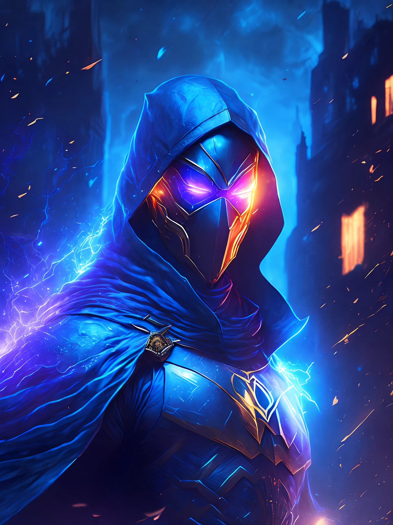 gloomy portrait of Doctor Fate from DC, extremely detailed, futuristic cityscape, nighttime, glowing neon lights, smoke, sparks, metal shavings, flying debris, blue energy effects, volumetric light