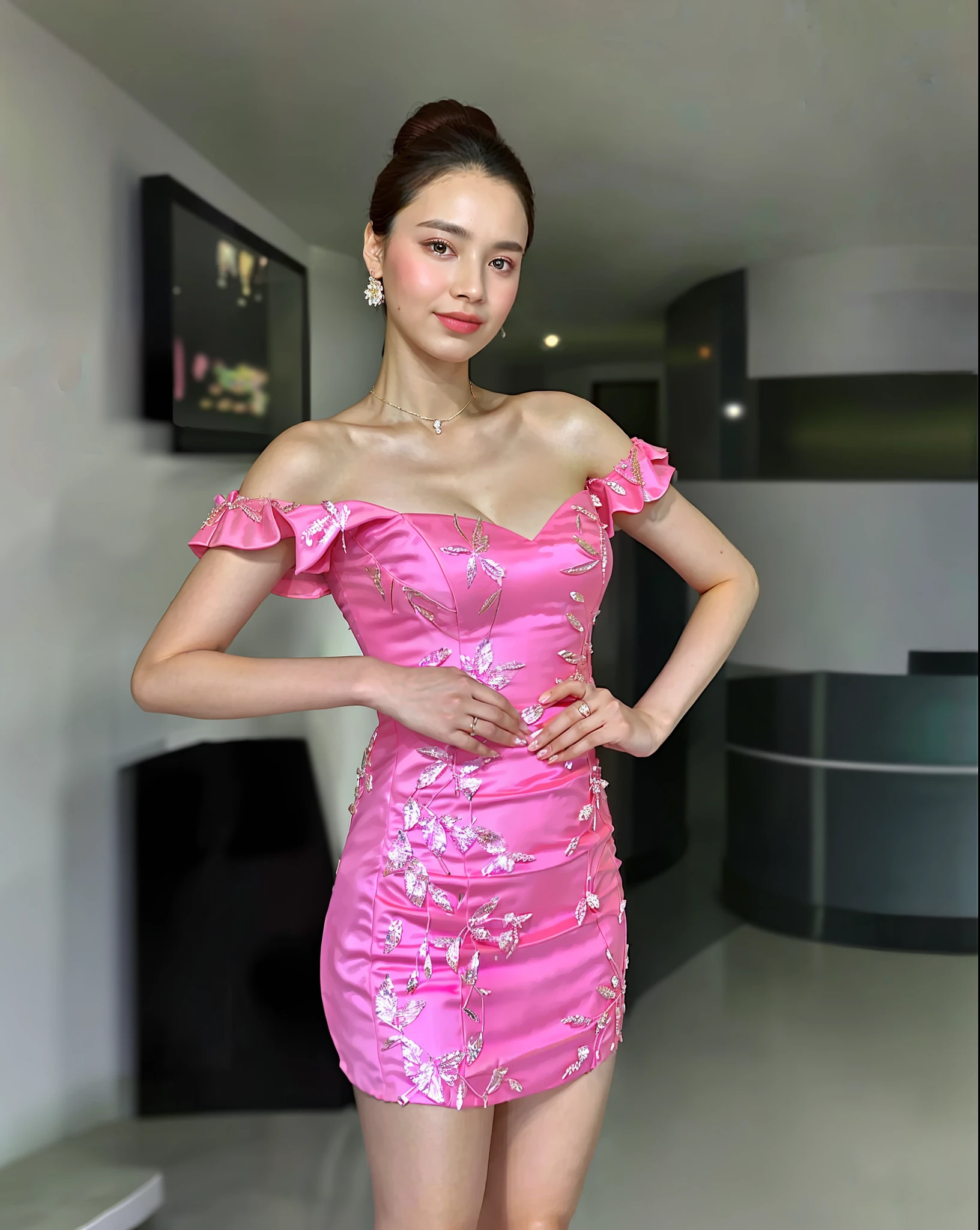 a close up of a woman in a pink dress posing for a picture, a picture by Emma Andijewska, tumblr, happening, wearing a pink dress, dressed in a pink dress, nivanh chanthara, pink dress, in a dress, wearing an elegant dress, gorgeous lady, tube-top dress, in style of lam manh