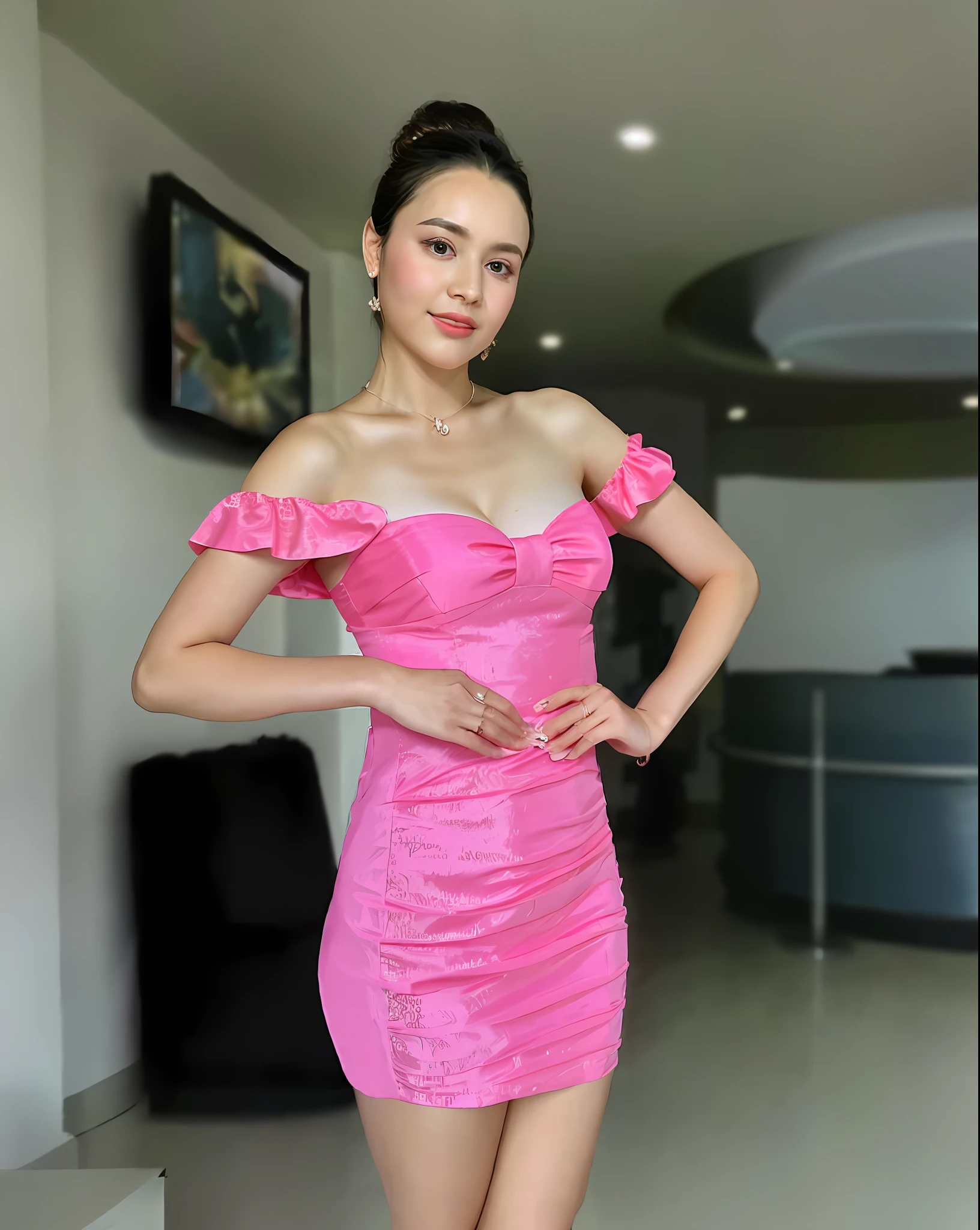 a close up of a woman in a pink dress posing for a picture, a picture by Emma Andijewska, tumblr, happening, wearing a pink dress, dressed in a pink dress, nivanh chanthara, pink dress, in a dress, wearing an elegant dress, gorgeous lady, tube-top dress, in style of lam manh