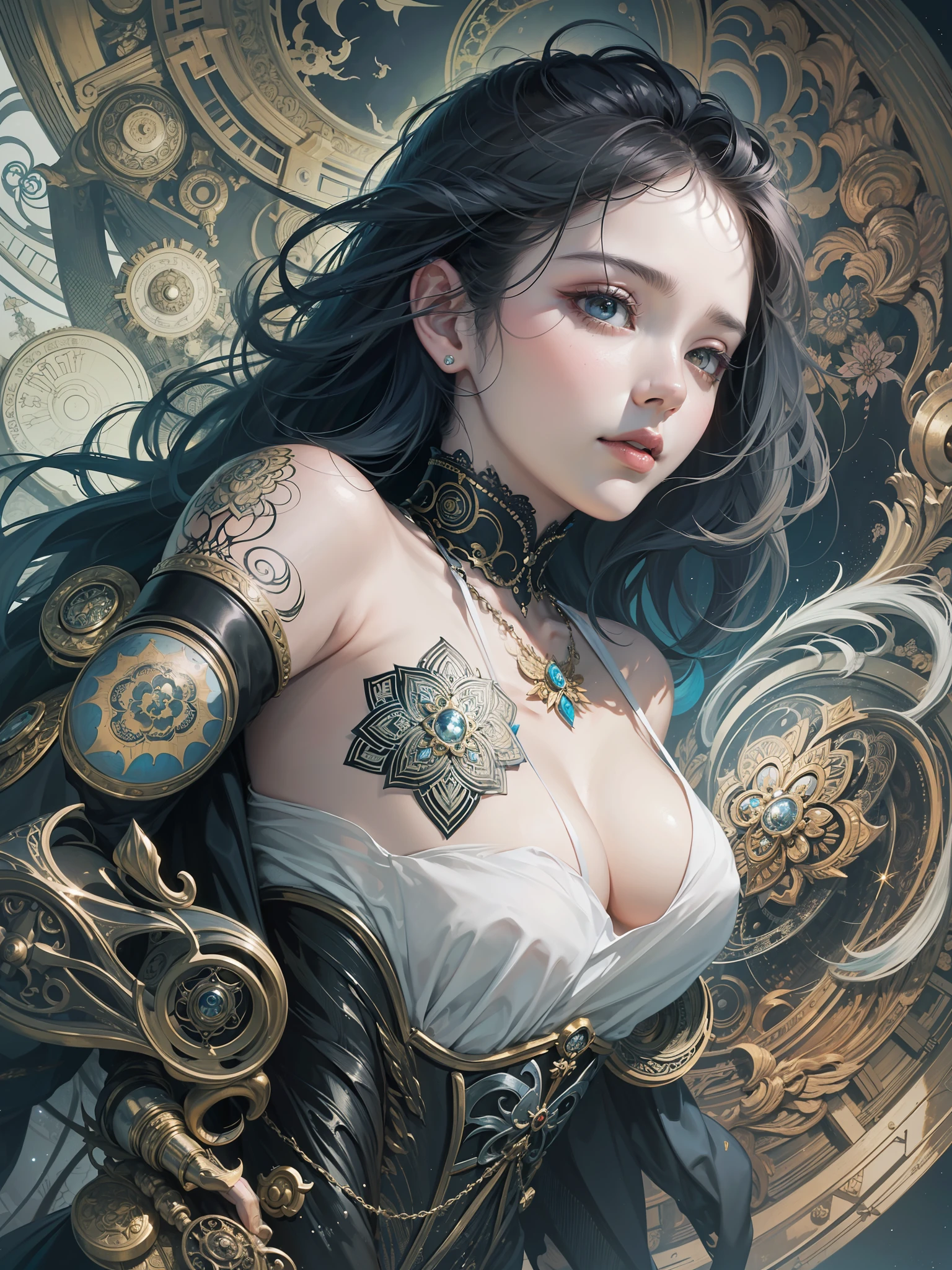 Beauty, Extreme Aesthetics, Masterpiece, Best Quality, (Zentangle, Mandala, Tangled, Entangled), (Fractal Art: 1.3), 1girl, Very Detailed, Dynamic Angle, Official Art, Unity, 8k, Wallpaper, Ultra Detailed, , Cowboyshot, Beautiful, Chaotic, Elegant, Fauvist Design, Bright Colors, Romanticism, James Jean, Robbie Devi Antono, Ross Tran, Francis Bacon, Michal Mraz, Adrian Gaini, Petra Cortwright, Gerhard Richter, Takashi Yamamoto, Ashley Wood, atmospheric, masterpiece --auto --s2