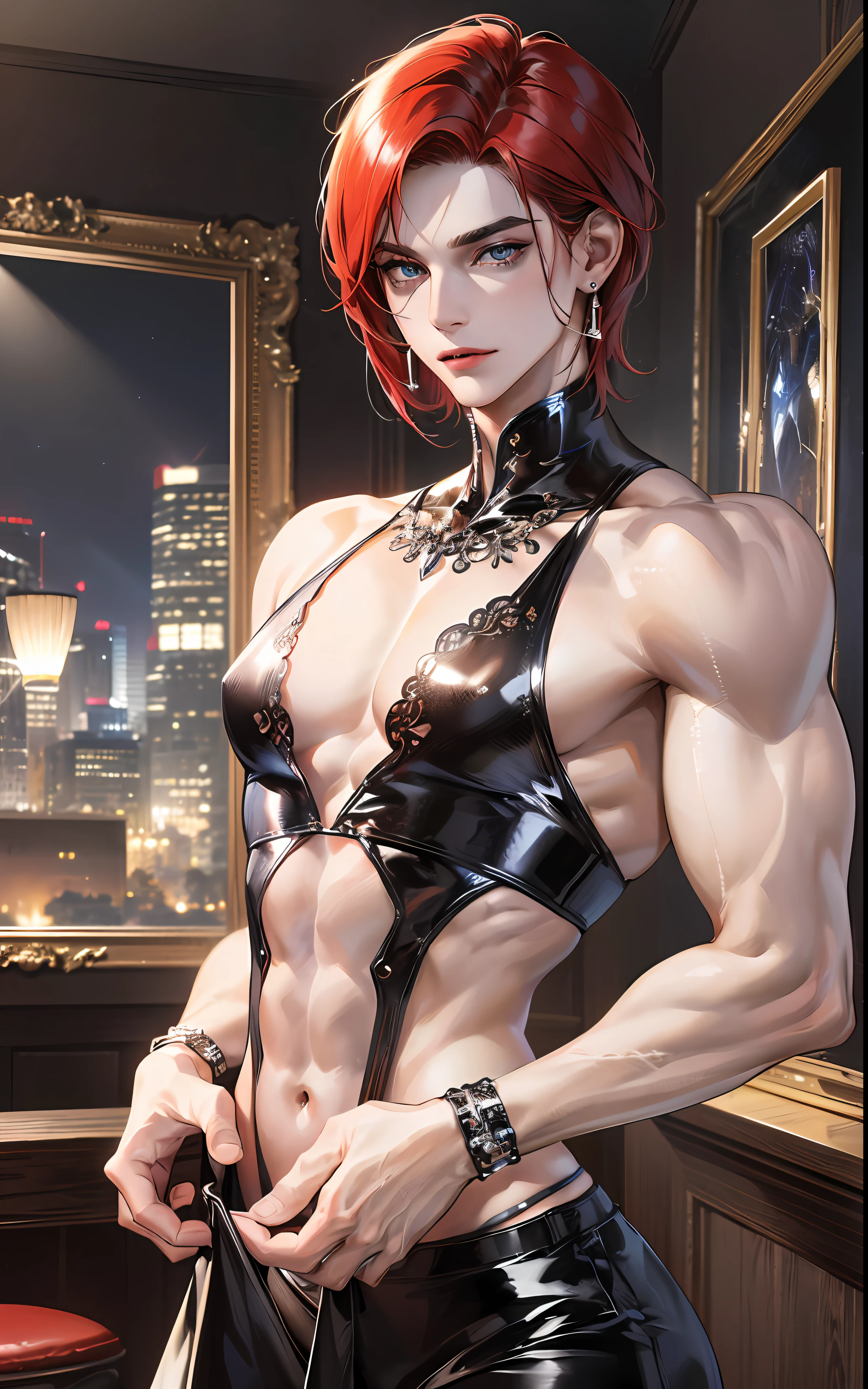 man, masculine, masculine face, attractive, muscular, ((1man)), masterpiece, absurdres, best quality ,intricate details , (shiny skin, shiny body, shiny oily luster skin, shiny hair, pale skintone), Sundown, attractive, ((muscular)), adult, one, tattoo in his chest ,black blouse, earrings, black pants, Don't look at the view , Not looking at the view, red short hair, perfect detailed face, perfect detailed hands, vampire, blue eyes, ((MLS)), medium large shoot