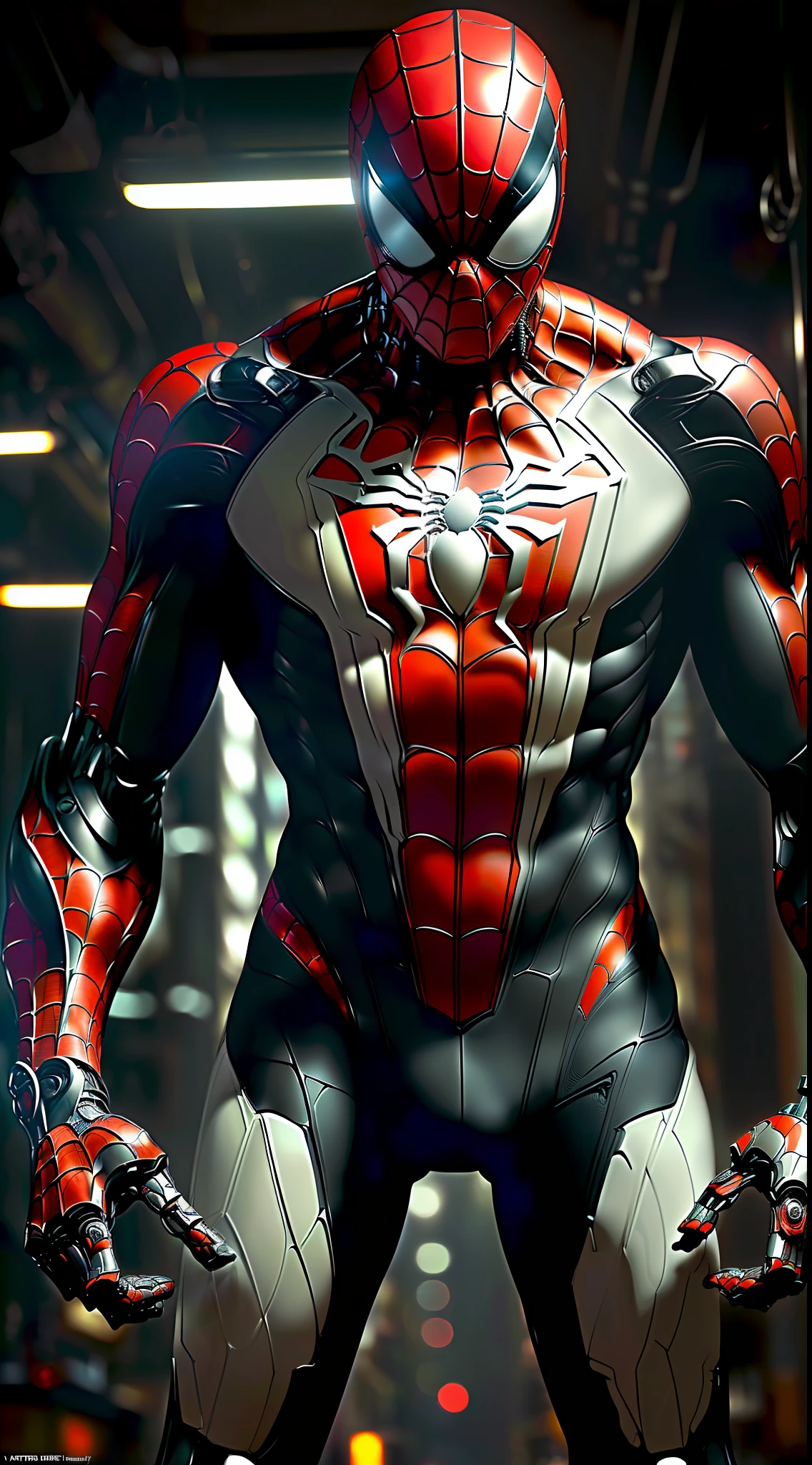 White Spider-Man photography, biomechanical, complex robot, full growth, hyper-realistic, insane small details, extremely clean lines, cyberpunk aesthetic, a masterpiece featured on Zbrush Central