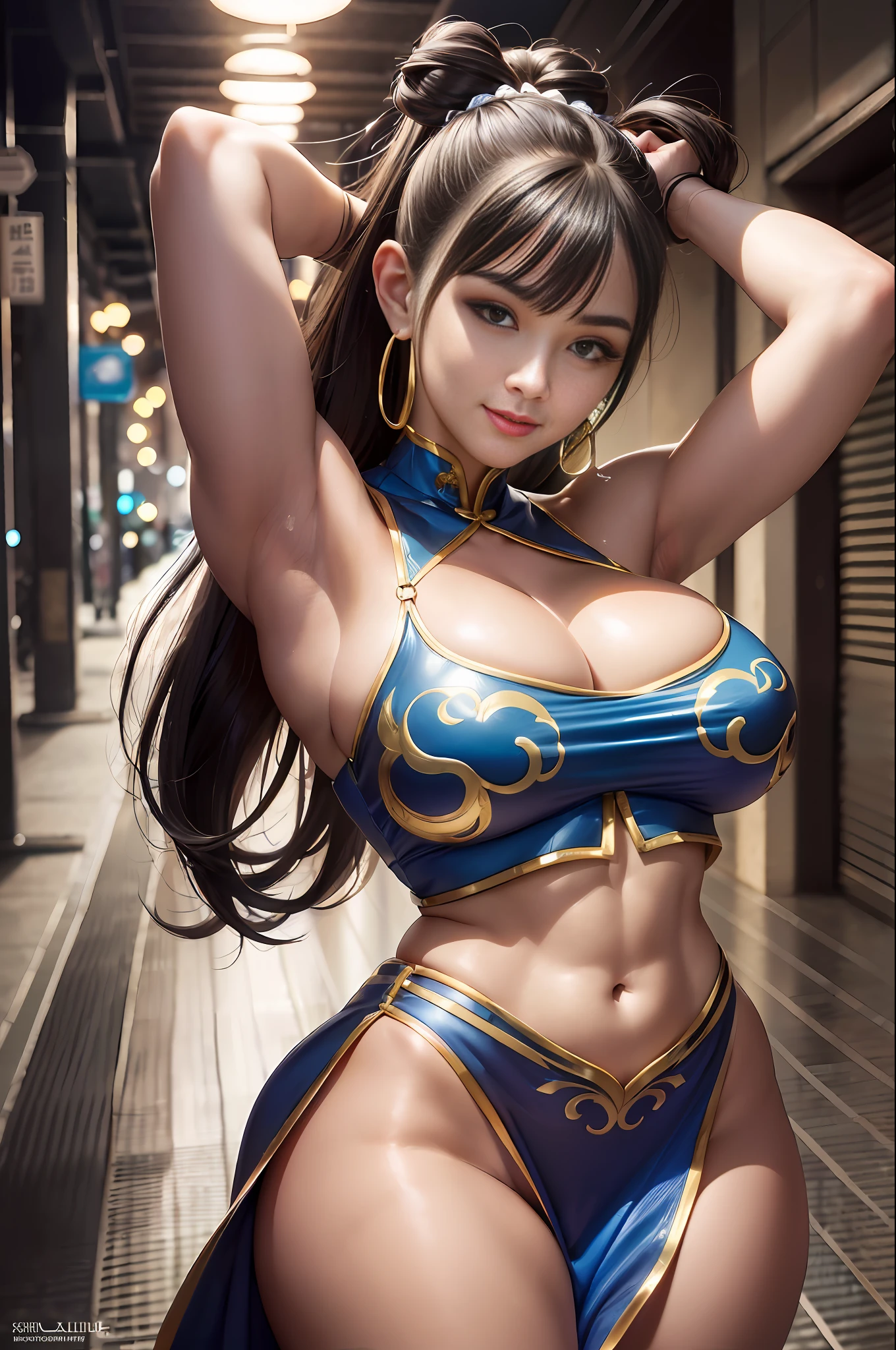 Best Quality, Ultra High Definition, 1 Girl, (Huge, Big), Simple Background, Smile, Glamorous, 8k, Perfect, Shiny Skin, Posing, Beautiful Model, Armpits, Fine Art, Erotic, CG Digital Art, Street Fighter, (Chin Li:1.3), Kawaii Face, Blue China dress, young woman