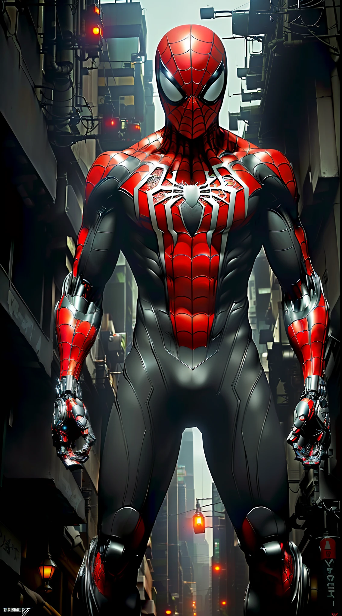 Black Spider-Man photography, biomechanical, complex robot, full height, hyper-realistic, insane small details, extremely clean lines, cyberpunk aesthetic, a masterpiece featured on Zbrush Central