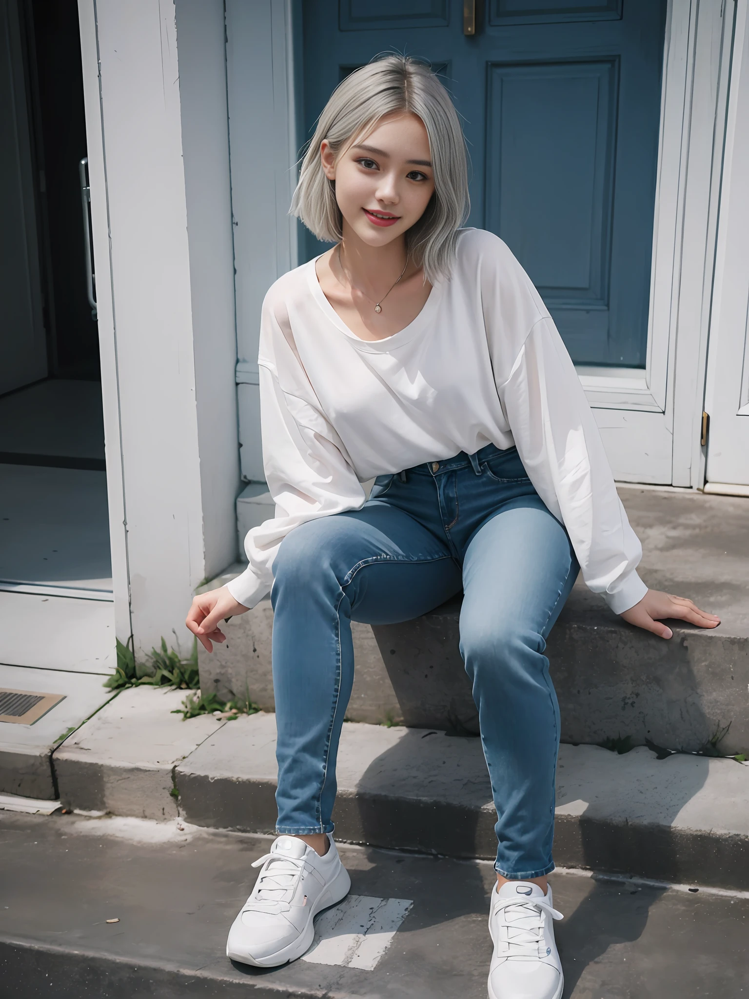 legs, top quality, masterpiece, ultra high resolution, (photorealistic: 1.4), raw photo, 1 girl, silver hair, formal up, shiny skin, dramatic lighting, (smile: 1.2), full body, sneakers, jeans, white shirt, puddle, shibuya, leg