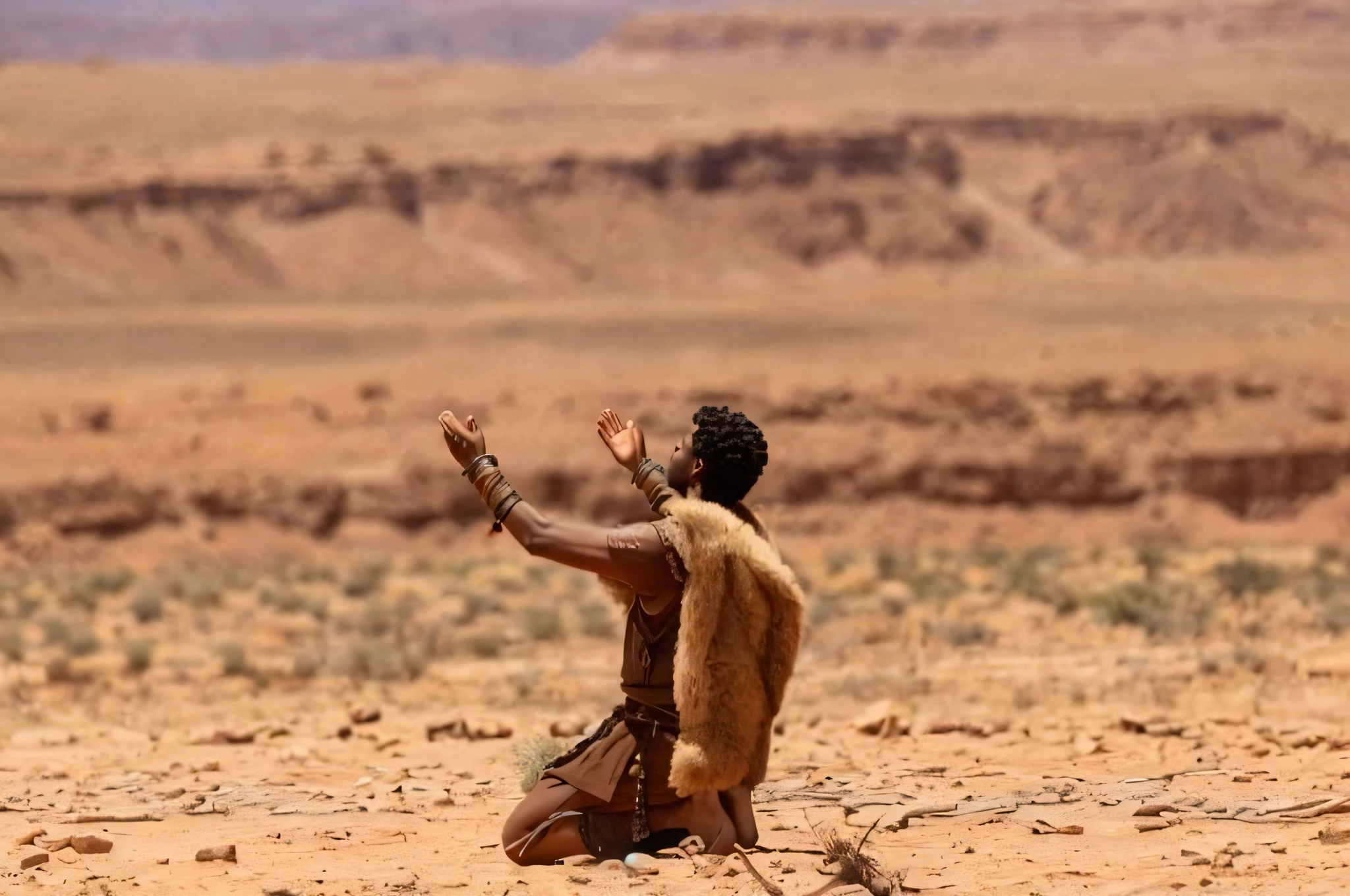 arafed man sitting in the desert with his hands up, still from a live action movie, the king in the desert, desert nomad, doing a prayer, absolutely outstanding image, himba, kneeling in prayer, praying, scene from live action movie, still from a fantasy movie, by Youssef Howayek, by Dietmar Damerau