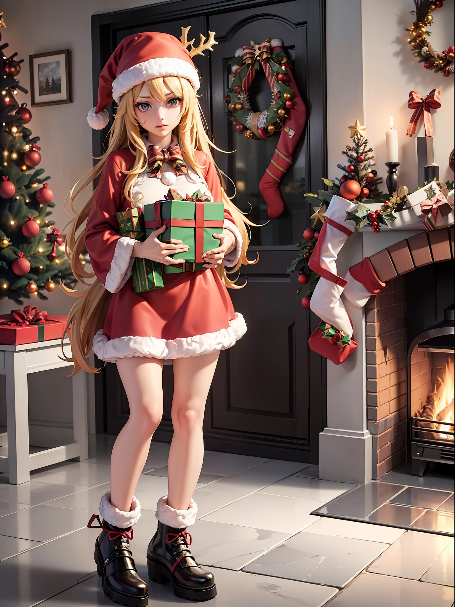 ((Full body):1.5), {1Woman}, Only {1Woman} ((costume (Christmas, holding a bag of gifts):1.3)))), {1Woman} ((looking at the viewer, with hateful look and face posing):1.3), ((Inside a house in front of a chimney with a large Christmas tree next to it)), anime, anime style, 16k, high resolution, ((best quality, high details):1.5), UHD,  ((masterpiece))