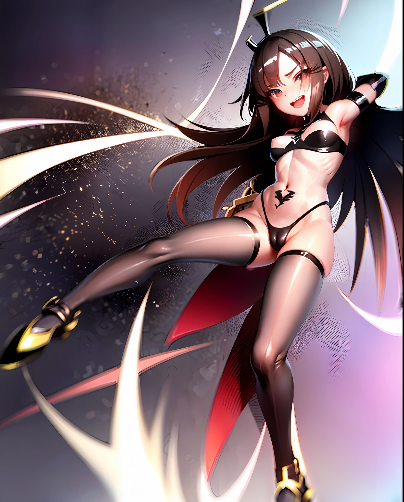fantasy, 1angel_girl, ,brown_hair, medium_bob_hair, long_bangs, halo,bare_shoulder, thighhighs,silver_armor, waist_armor, medium_breary,smile,open_mouth_teeth, 1pair_ wings, dynamic_pose_flying,floating, bare_crotch, headgear,gauntlet, greaves,city_sky_background,slightly_spread_legs, solo, groin