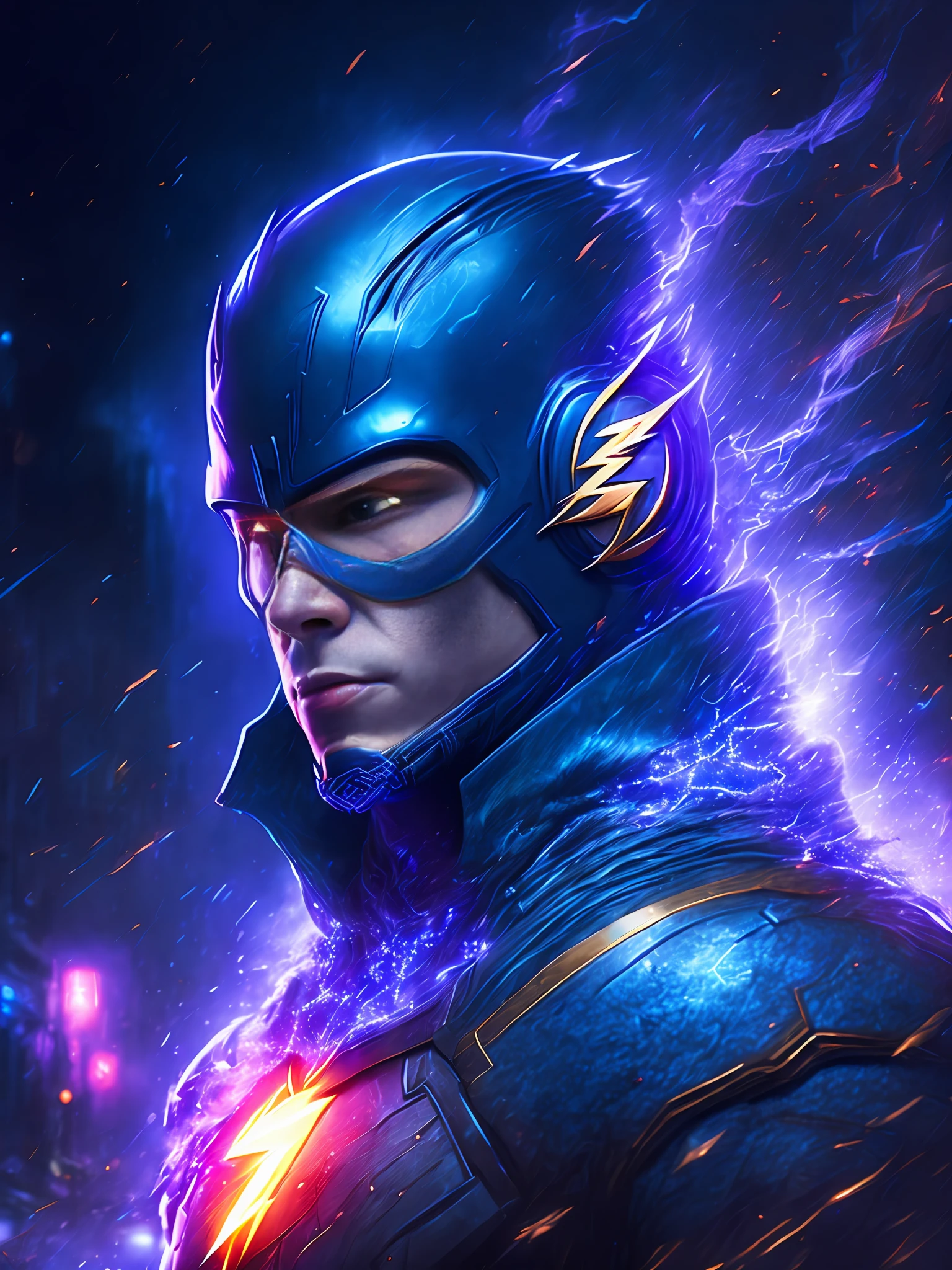 gloomy portrait of Flash from DC, extremely detailed, futuristic cityscape, nighttime, glowing neon lights, smoke, sparks, metal shavings, flying debris, blue energy effects, volumetric light