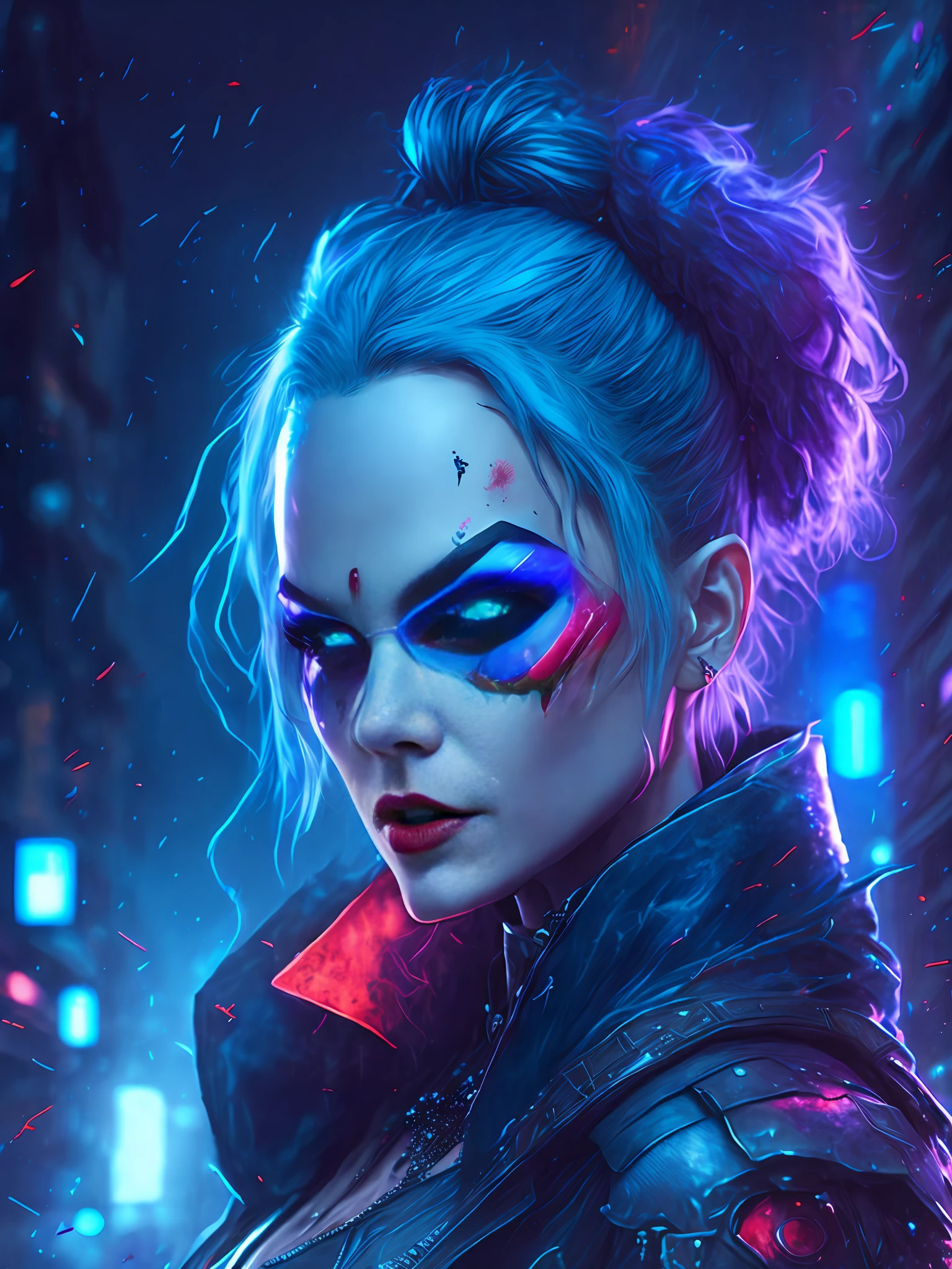 gloomy portrait of Harley Quinn from DC, extremely detailed, futuristic cityscape, nighttime, glowing neon lights, smoke, sparks, metal shavings, flying debris, blue energy effects, volumetric light