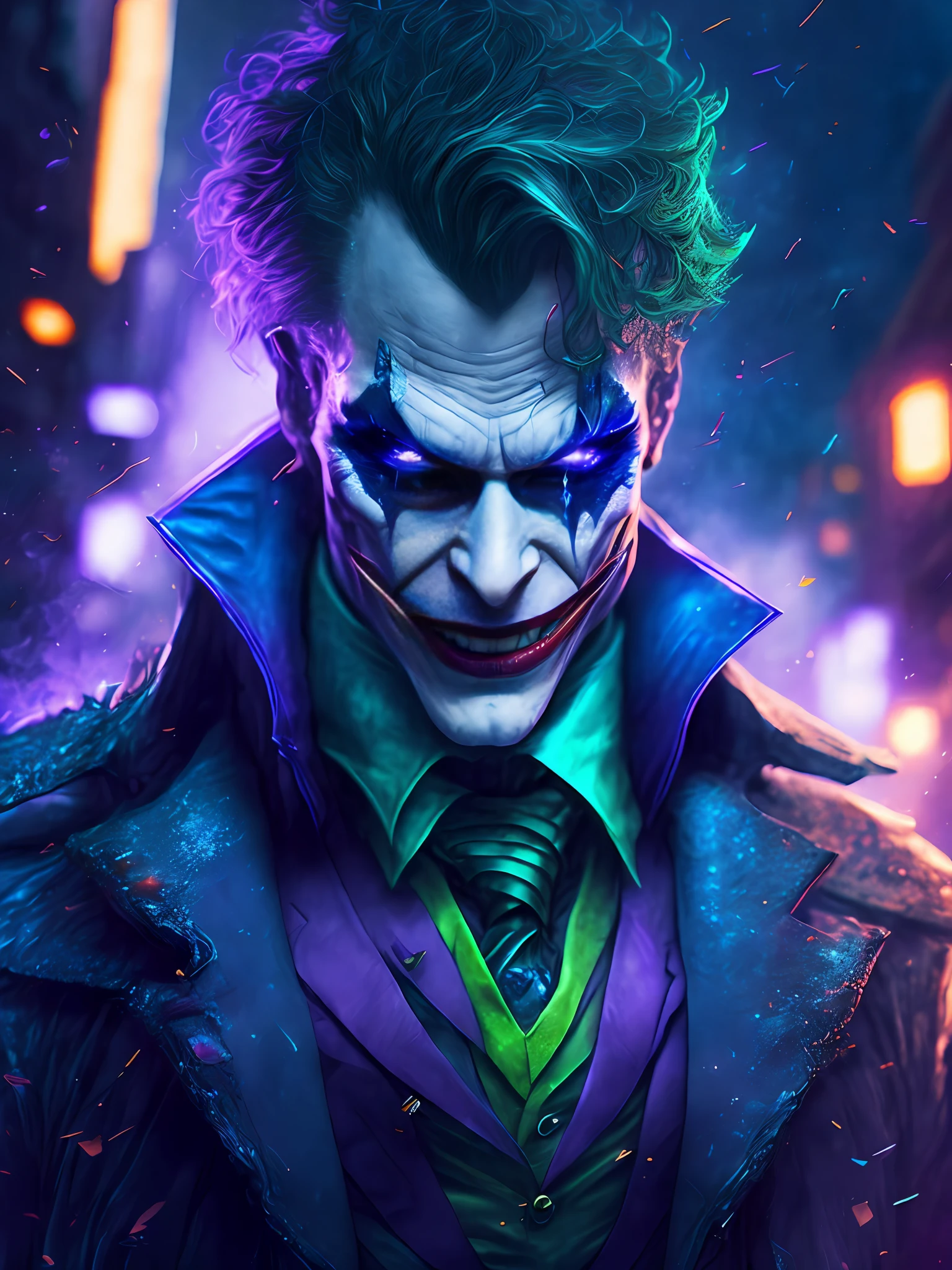 gloomy portrait of Joker from DC, extremely detailed, futuristic cityscape, nighttime, glowing neon lights, smoke, sparks, metal shavings, flying debris, blue energy effects, volumetric light