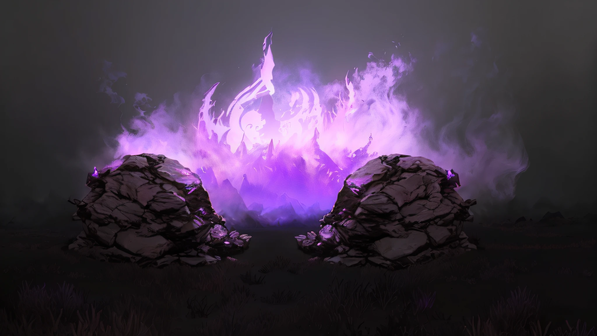 There are two rocks made of human bodies sitting in front of a fire with purple smoke, purple fire around Magic Arena, hellfire background, background art, background art, purple fire, hellish background, flame of anger and ruin, dark atmosphere illustration, glowing cave stones, swirling purple fire powers fire, a sinister fantasy illustration,  stone sand bottom of Odin, a portal to the kingdom of the lost flame