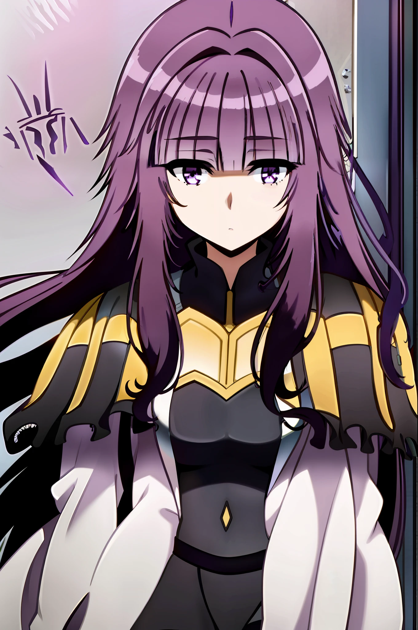 1girl, bangs, blunt_bangs, book, dress, eyebrows_visible_through_hair, long_hair, looking_at_viewer, no_hat, no_headwear, patchouli_knowledge, purple_eyes, purple_hair, solo