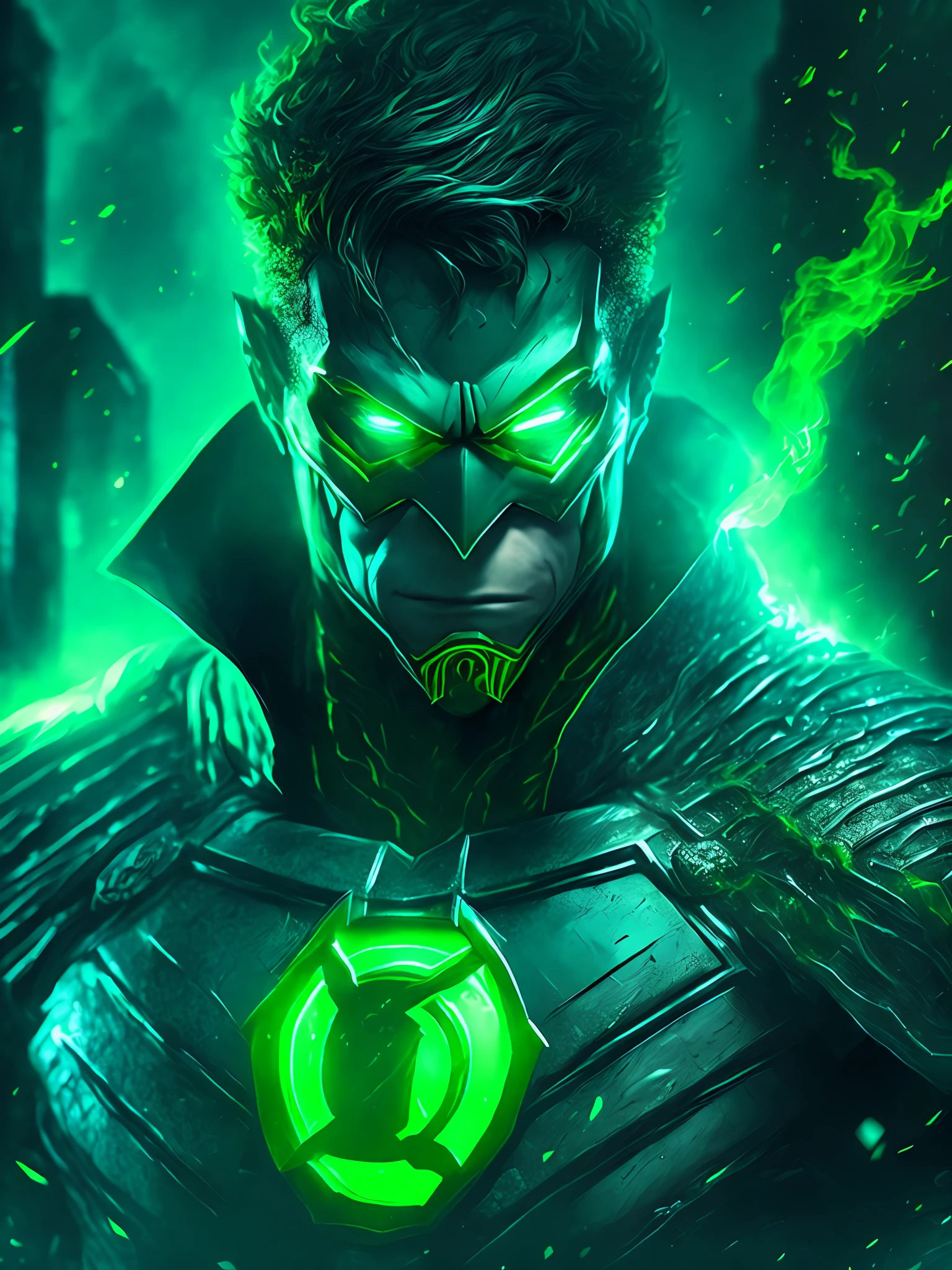 gloomy portrait of Green Lantern from DC, extremely detailed, futuristic cityscape, nighttime, glowing neon lights, smoke, sparks, metal shavings, flying debris, blue energy effects, volumetric light