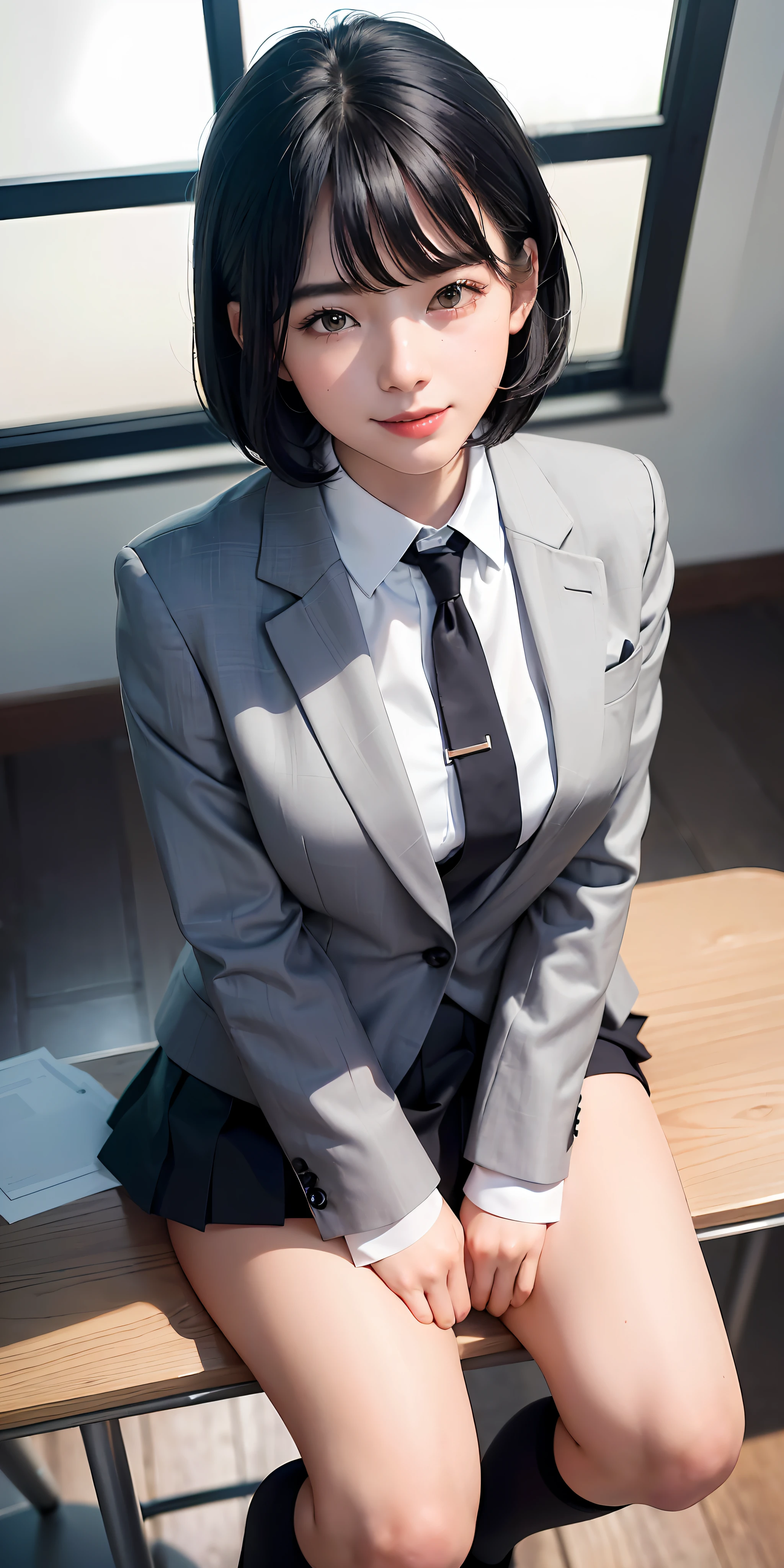((8k, RAW photos, top quality, masterpieces), high-definition RAW color photos professional close-up photos, (realistic, photorealism: 1.37), (highest quality), (best shadows), (best illustrations), collarbones ((big)), ((erotic, sexy, ultra high resolution, high-definition CG unified 8K wallpapers, physically based rendering, movie lighting), (aegyo sal:1), 18 year old girl, (grey blazer, ribbon, socks, high school uniform: 1.2), high school classroom, beautiful detail eyes, light on the face, ((full body shot: 1.2)), especially strong light, (upper eyes, grinning smile:1.2),shiny skin, (((black hair, bob hair:1.2))), ( thick thighs), ulzzang-6500-v1.1:0.2, shy, (flash:1.2), NSFW , (puffy), ((seductive posture: 1.2, attractive: 1.2)), (idle), (sitting at a desk in classroom: 1.2)), ((good anatomy: 1.2)), ((bright and refreshing classroom, background blurred: 1.2)), perfect face, cute face, (high angle shot:1.2)