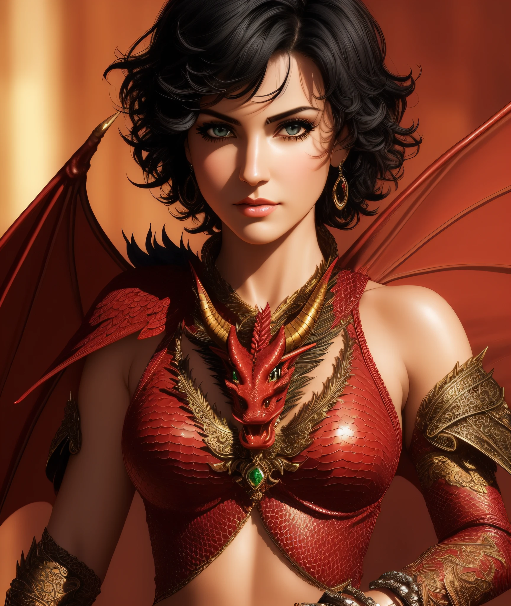 ((realistic:1.5)),((best quality)), ((masterpiece)),((detailed)), (1girl), a beautiful female (upper body:1.3),super-wide-angle lens, face focus, toned muscles, long legs, barefoot, slim thighs, narrow hips, green eyes, long eyelashes, small breasts, (perfect detailed face, perfect beautiful eyes, detailed clothes features, red dragon in the background:1.3), (Normal skin, short messy black hair, outlined eyes, outlined face, bracelet, Full body), wearing black armor, best shadow, bright details, sharp, perfect composition, Intricate, Sharp focus, dramatic, by Julie Bell, by Olivia De Berardinis, by Luis Royo, by Boris Vallejo