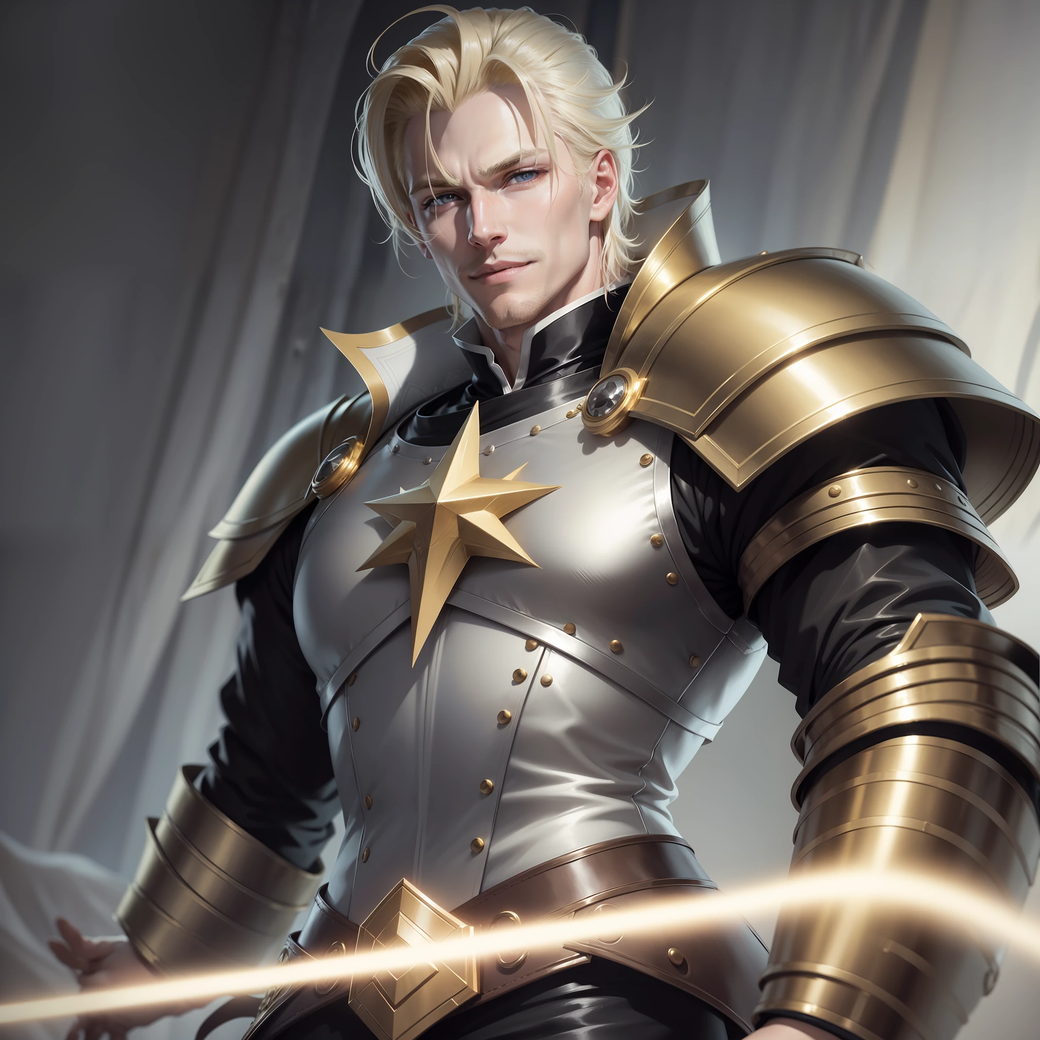 Realistic image of a blond man in his early 30s, tall strong, short blonde hair combed back and fixed with gel, light eyes, scar straight below the eye, dressed in black and white cleric's costumes and with golden shoulder pads, devilish smile, anime character-style art, standing in a darkroom