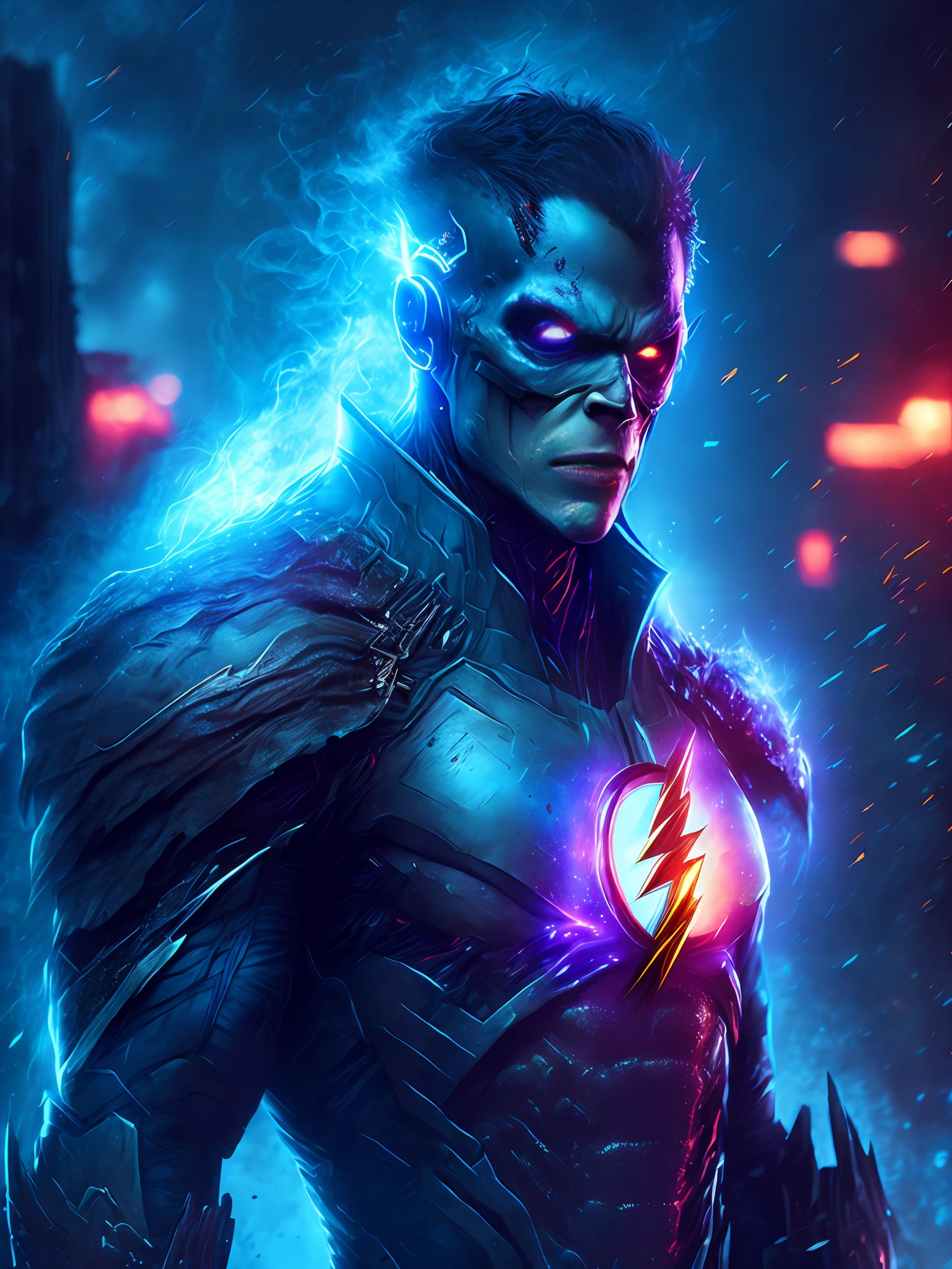 gloomy portrait of Zombie Flash from DC, extremely detailed, futuristic cityscape, nighttime, glowing neon lights, smoke, sparks, metal shavings, flying debris, blue energy effects, volumetric light