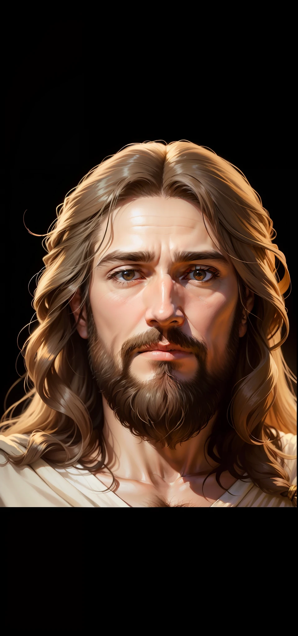 "Please create a realistic portrait of Jesus, representing him as a mature and wise man. Picture him in a simple, modest garment, like a tunic of soft colors. Pay attention to the details of your tight beard, which covers part of your face, conveying a sense of serenity and experience. Focus on Jesus' striking facial features, such as soft wrinkles around his eyes and a calm, compassionate expression. Use soft lighting to highlight the contours of your face and convey an aura of tranquility. The goal is to create a reverent, realistic portrait of Jesus as a mature and charismatic man, with his wisdom and humility reflected in his facial expression and simple dress."