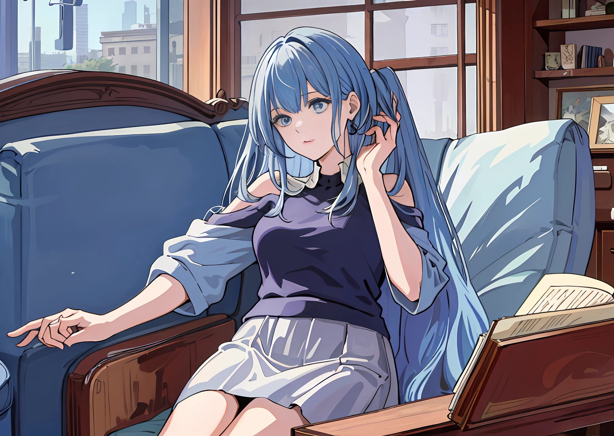 (masterpiece, top quality), 22-year-old woman, sitting on the ground, living room, drunk, novel reading