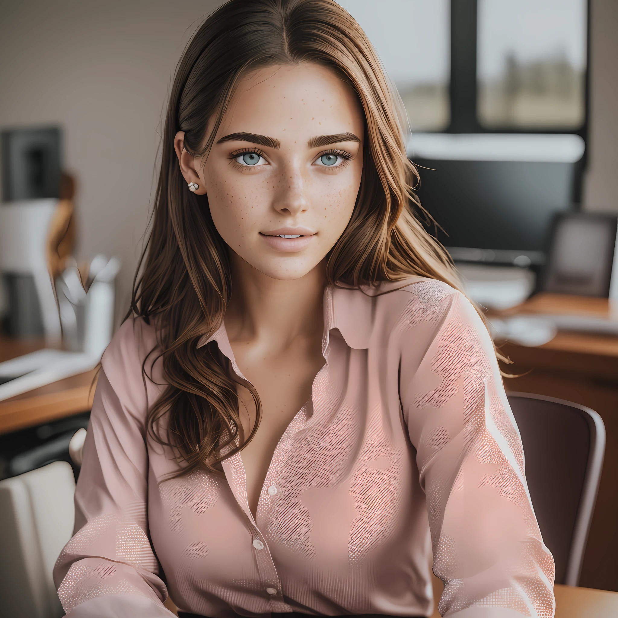 Woman with realistic brown hair, light eyes, perfect and flushed lips, 26 years old, dressed in red dress shirt, freckles on the body, (freckles) ultra realistic, perfect lighting, photorealistic, highly detailed, perfect, hyperrealistic, real person, lots of sharpness, cinematic lighting, sitting on the desk facing a notebook, modern office room, realistic details, insane detail, natural lighting,  Natural skin, wallpaper Resolution: 16 x 9 --auto --s2