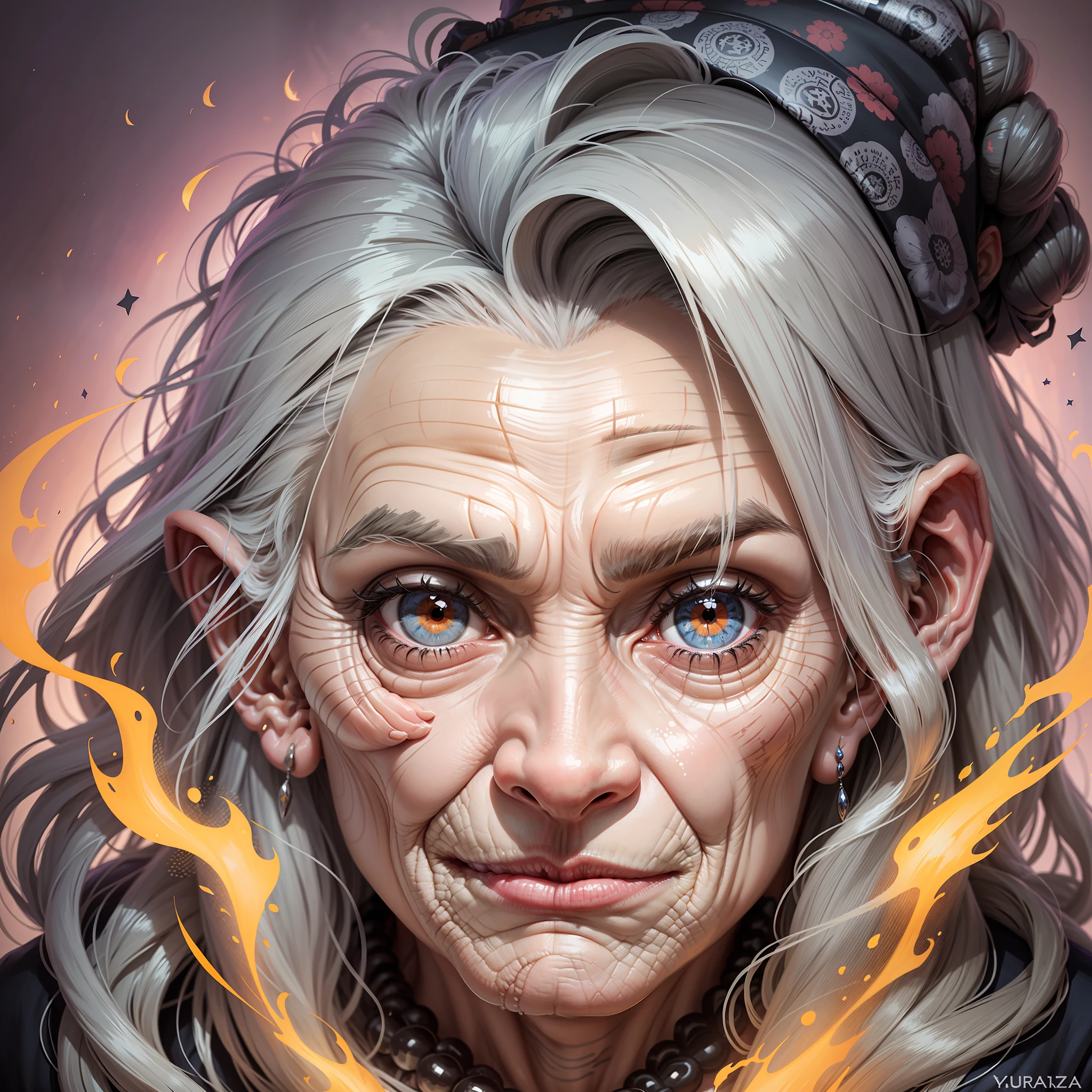 Portrait, Old Witch, Woman 60 years old, troll-shaped face, warts with hair on the chin, powerful jaw, large powerful nose, prominent chin with hair, wrinkled, most likely an ancient old woman She has gray eyes, a drink and an outstanding crooked nose, a great resemblance to the heroine Yubaba from the walking shramka hole --auto --s2