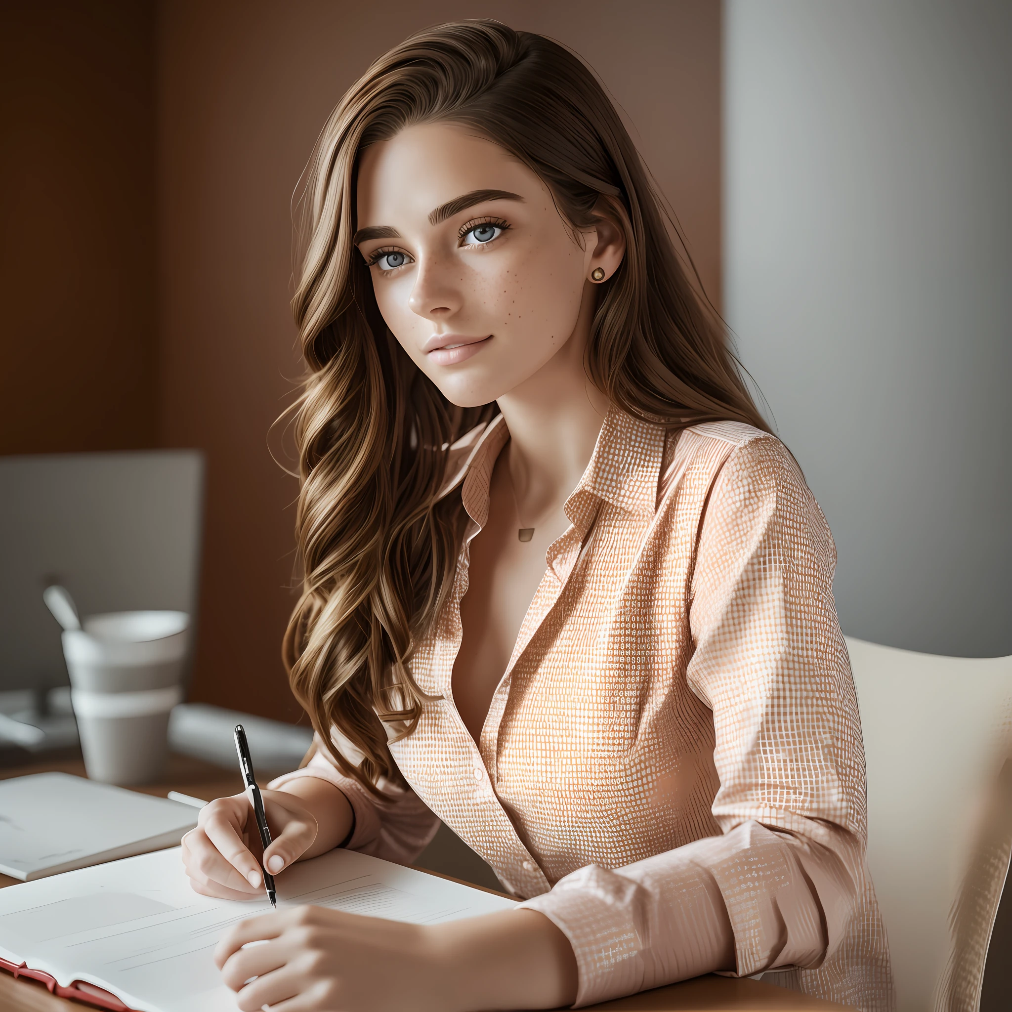 Woman with realistic brown hair, light eyes, perfect and flushed lips, 26 years old, dressed in red dress shirt, freckles on the body, (freckles) ultra realistic, perfect lighting, photorealistic, highly detailed, perfect, hyperrealistic, real person, lots of sharpness, cinematic lighting, sitting on the desk facing a notebook, modern office room, realistic details, insane detail, natural lighting,  Natural skin, wallpaper Resolution: 16 x 9 --auto --s2