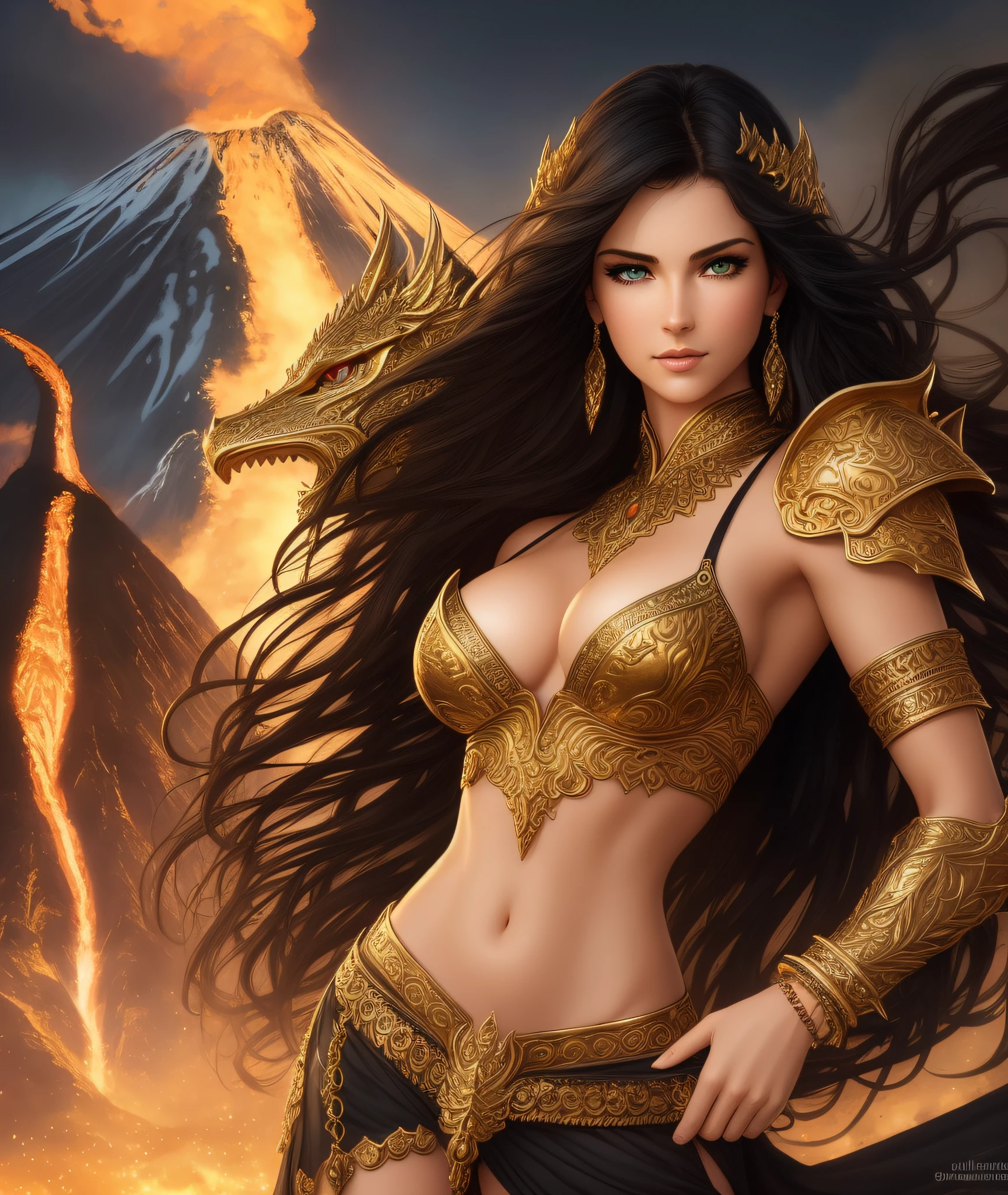 ((realistic:1.5)),((best quality)), ((masterpiece)),((detailed)), (1girl), a beautiful female (upper body:1.3),super-wide-angle lens, face focus, toned muscles, long legs, barefoot, slim thighs, narrow hips, green eyes, long eyelashes, small breasts, (perfect detailed face, perfect beautiful eyes, detailed clothes features, volcano background:1.3), (Normal skin, short messy black hair, outlined eyes, outlined face, bracelet, Full body), wearing gold dragon armor, best shadow, bright details, sharp, perfect composition, Intricate, Sharp focus, dramatic, by Julie Bell, by Olivia De Berardinis, by Luis Royo, by Boris Vallejo