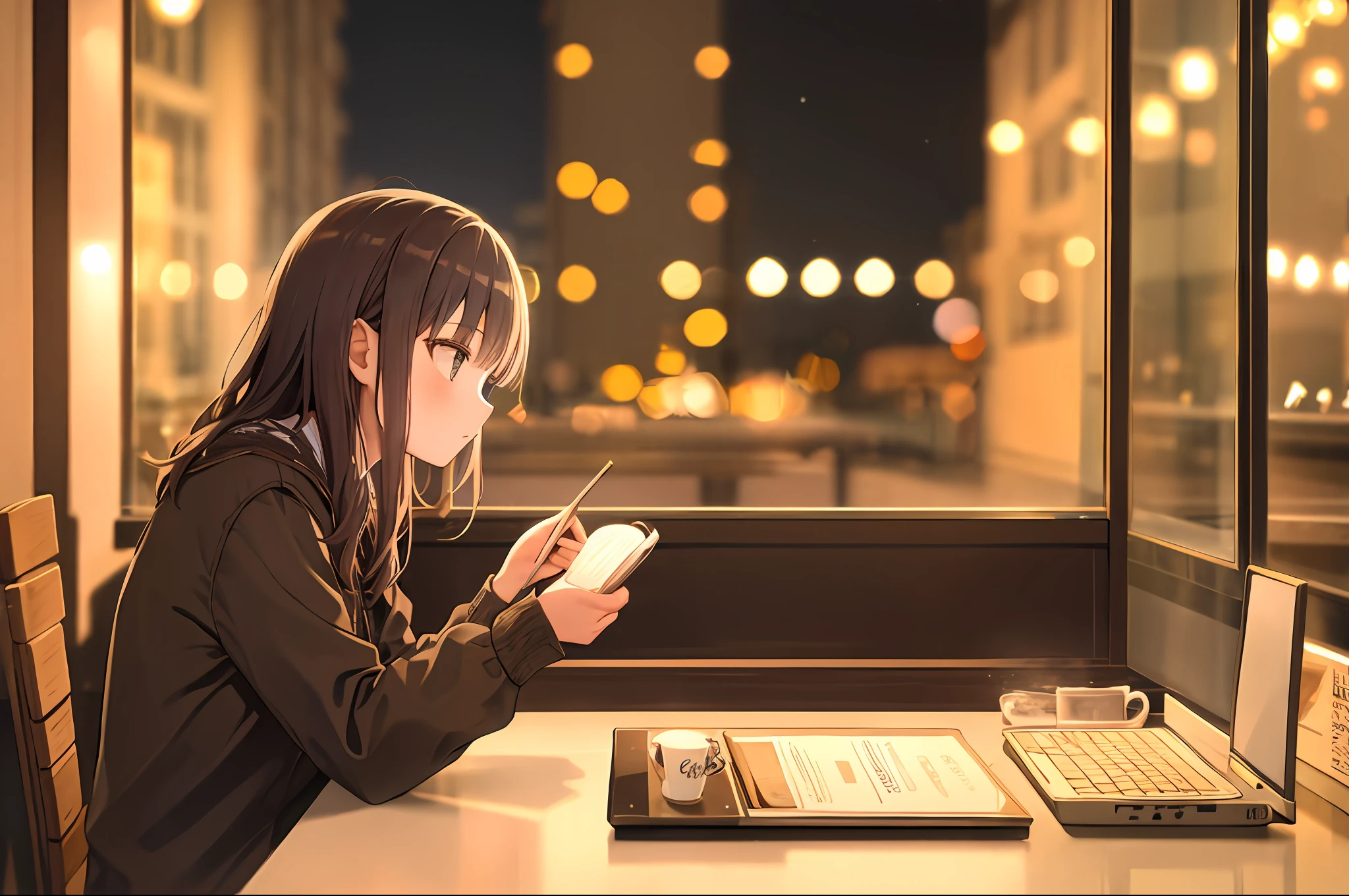 1girl, cafe, city, night, cozy, sitting, reading, (depth of field:1.3), laptop, bokeh, coffee, cake,, detailed background, masterpiece, best quality,