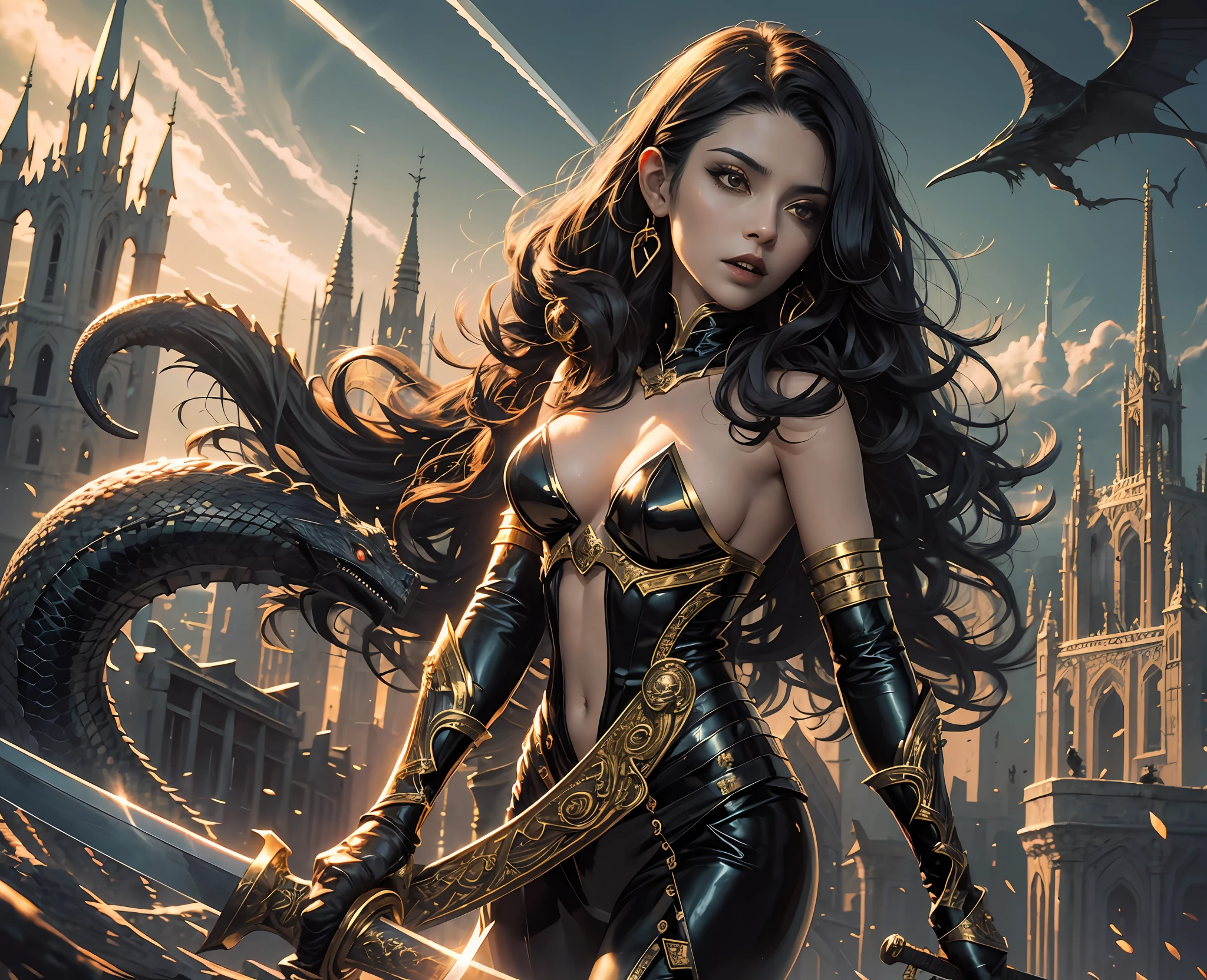 Draw a young woman of 20 years, vampire appearance, golden black costumes, vampire woman aspect, very curly black hair, sword in hand, beautiful sword with very strong details, serpentine handle sword, with serpent head in the hilt of the sword, naked and short type clothing. Castle in the background, evening dusk. --auto --s2