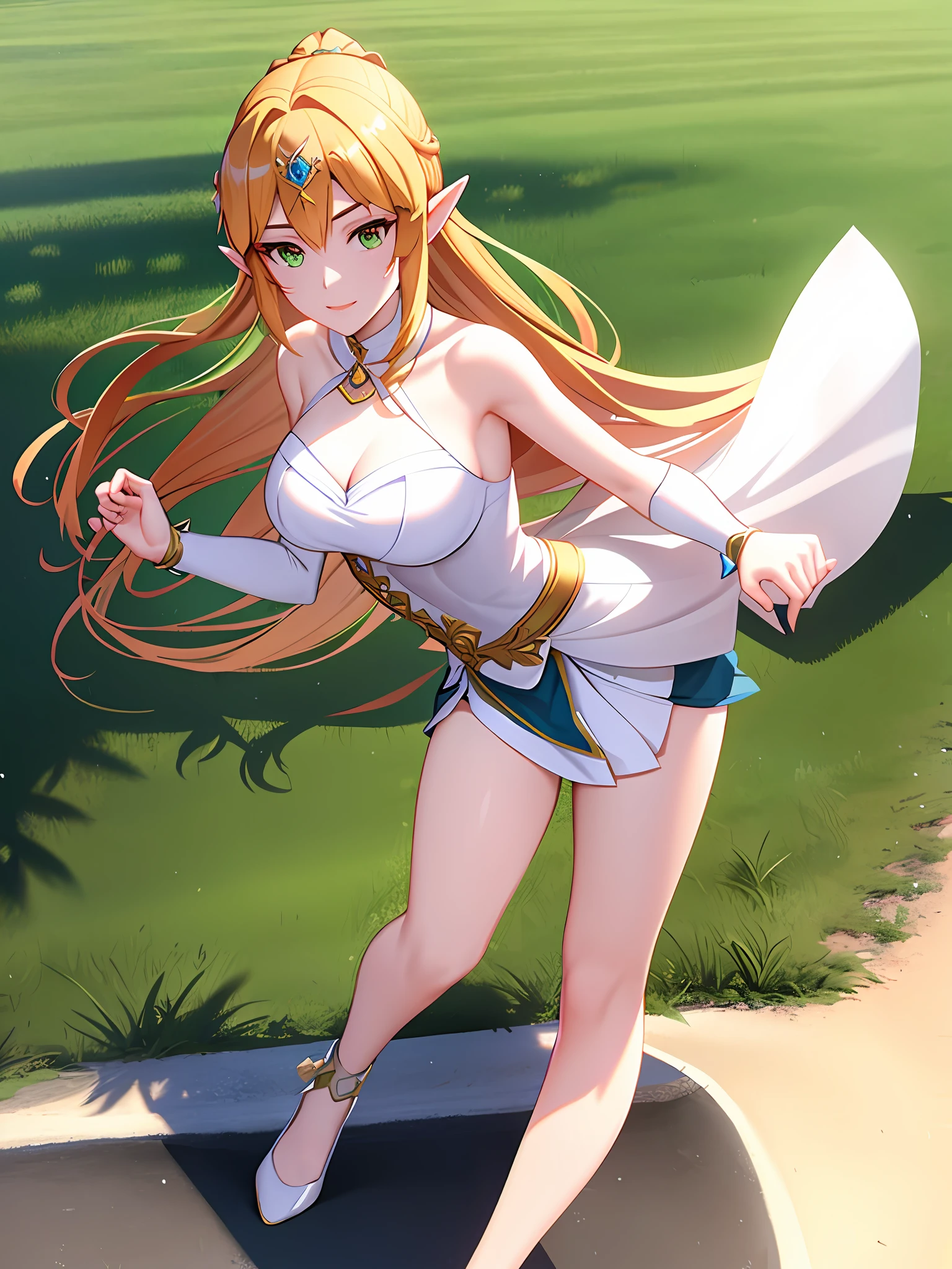 Beautiful Princess Zelda in the style of Honkai Star Rail, Outdoors, Running through field, looking at viewer, 3d, realistic lighting, shadows