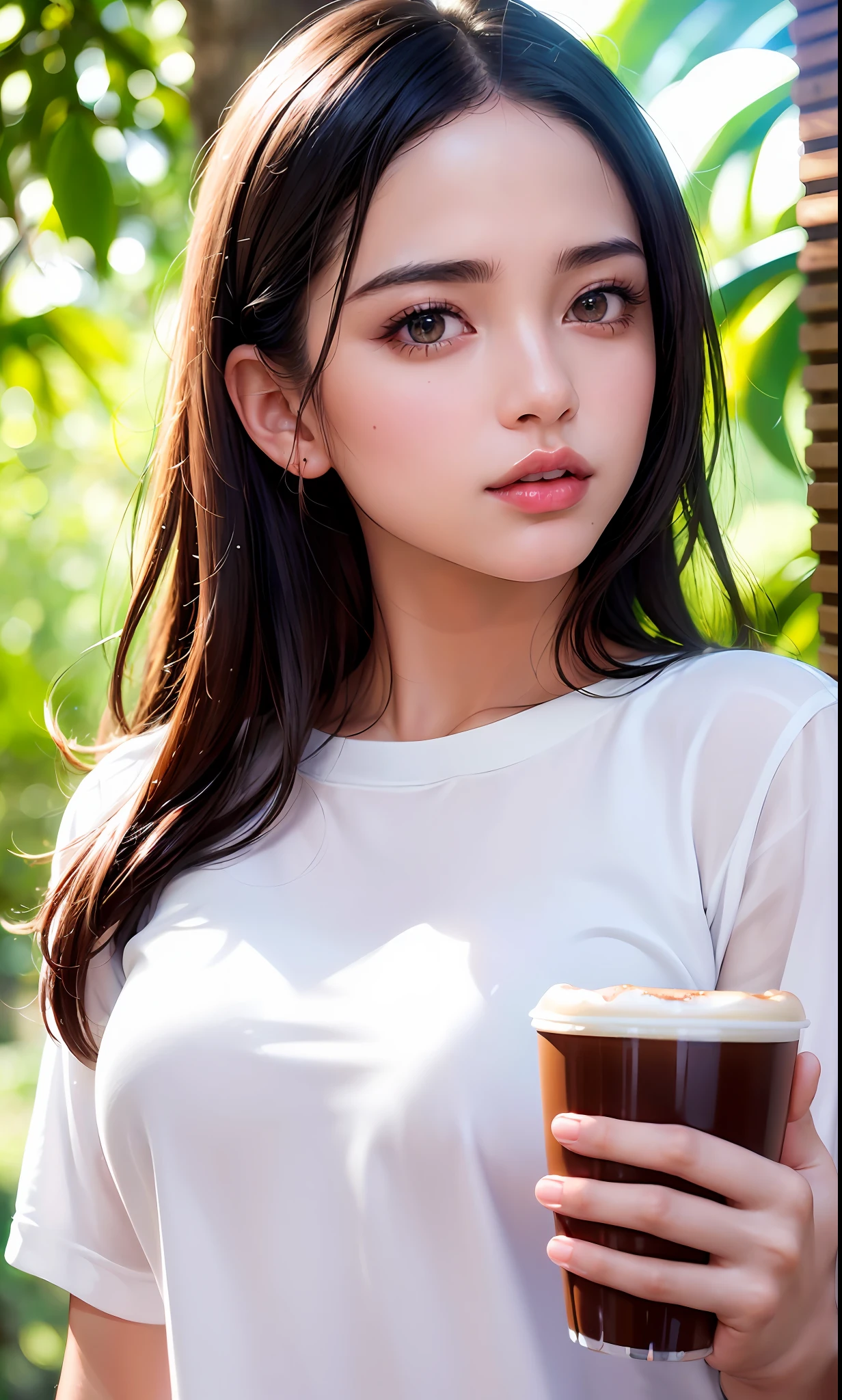 (8k, RAW photo, photorealistic: 1.25), (Lip gloss, eyelashes, shiny face, shiny skin, best quality, ultra high resolution, depth of field, chromatic aberration, caustics, wide lighting, natural shading, enako, advertising cup coffee, orchan, white t-shirt, less exposed, sunlight through trees, emotional