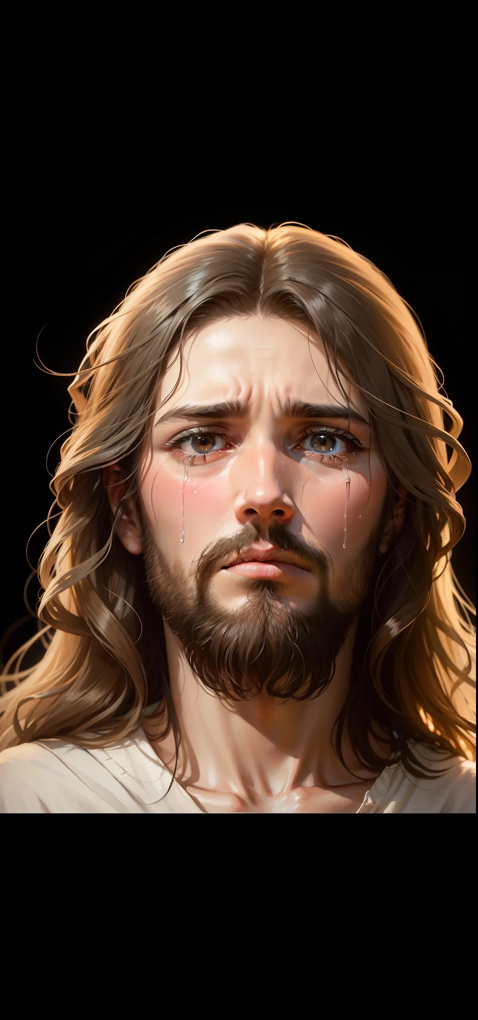 Please create an image of Jesus portraying a deep sadness. Emphasize facial expression with sad eyes and a slightly curved downward mouth. Let the sadness in your eyes shine through, conveying a sense of grief and worry. Add a somber atmosphere around it, with soft lighting and darker colors to reflect your emotional state. Feel free to add symbolic elements, such as tears or a posture of recollection, to emphasize the intensity of the sadness. The goal is to capture the deep anguish and worry that Jesus felt during difficult times. Please create a respectful and moving image, honoring its emotion and historical significance.