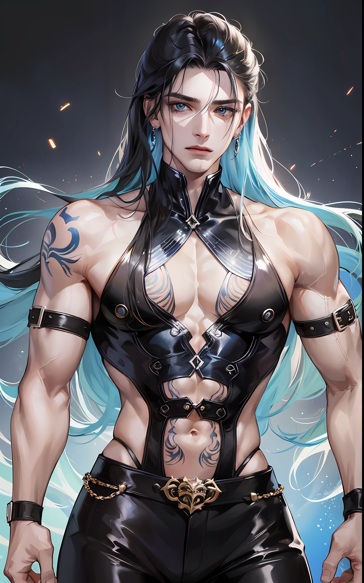 man, masculine, masculine face, attractive, muscular, ((1man)), masterpiece, absurdres, best quality ,intricate details , (shiny skin, shiny body, shiny oily luster skin, shiny hair, pale skintone), Sundown, attractive, ((muscular)), adult, one, tattoo in his chest ,black blouse, earrings, black pants, Don't look at the view , Not looking at the view, blue long hair, perfect detailed face, perfect detailed hands, vampire, blue eyes, ((MLS)), medium large shoot