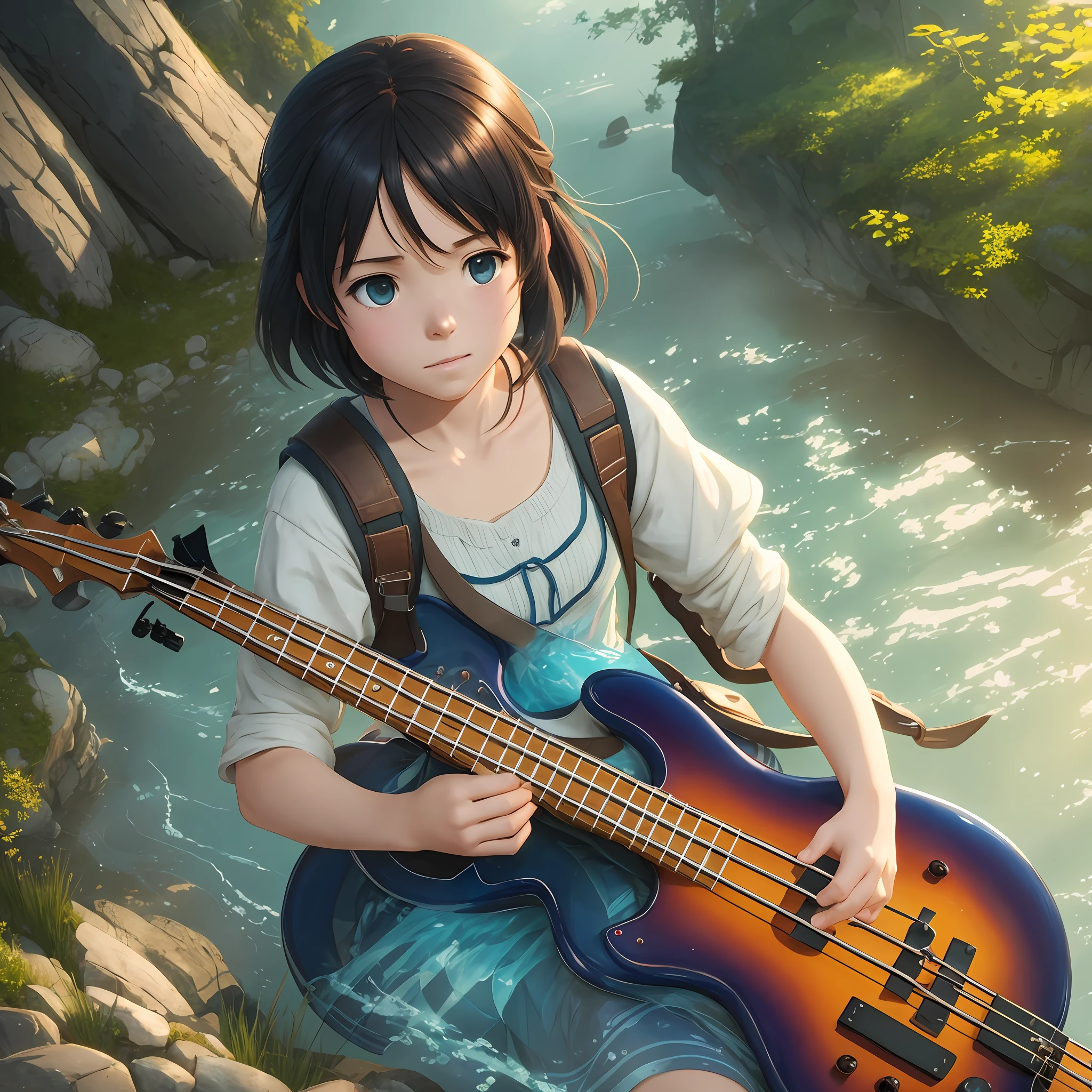 Cute,  Girl playing bass, background by greg rutkowski, makoto shinkai kyoto, animation key art, Mid shot --auto --s2