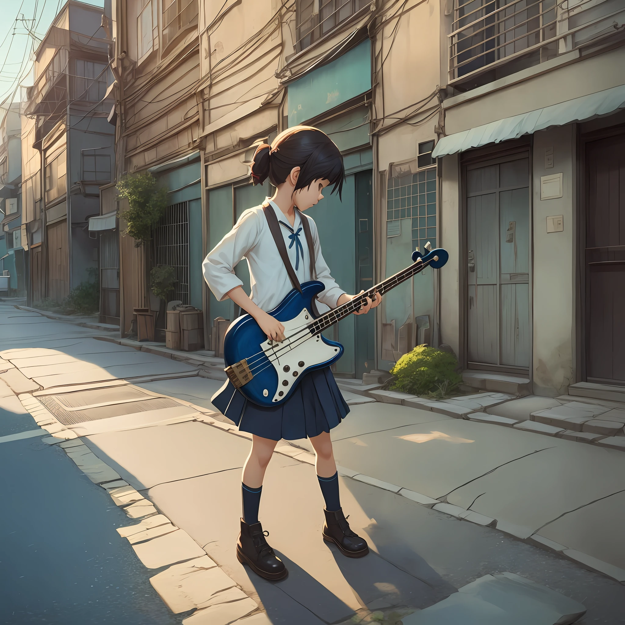 Cute, Little Girl playing bass, background by greg rutkowski, makoto shinkai kyoto, animation key art, Mid shot --auto --s2