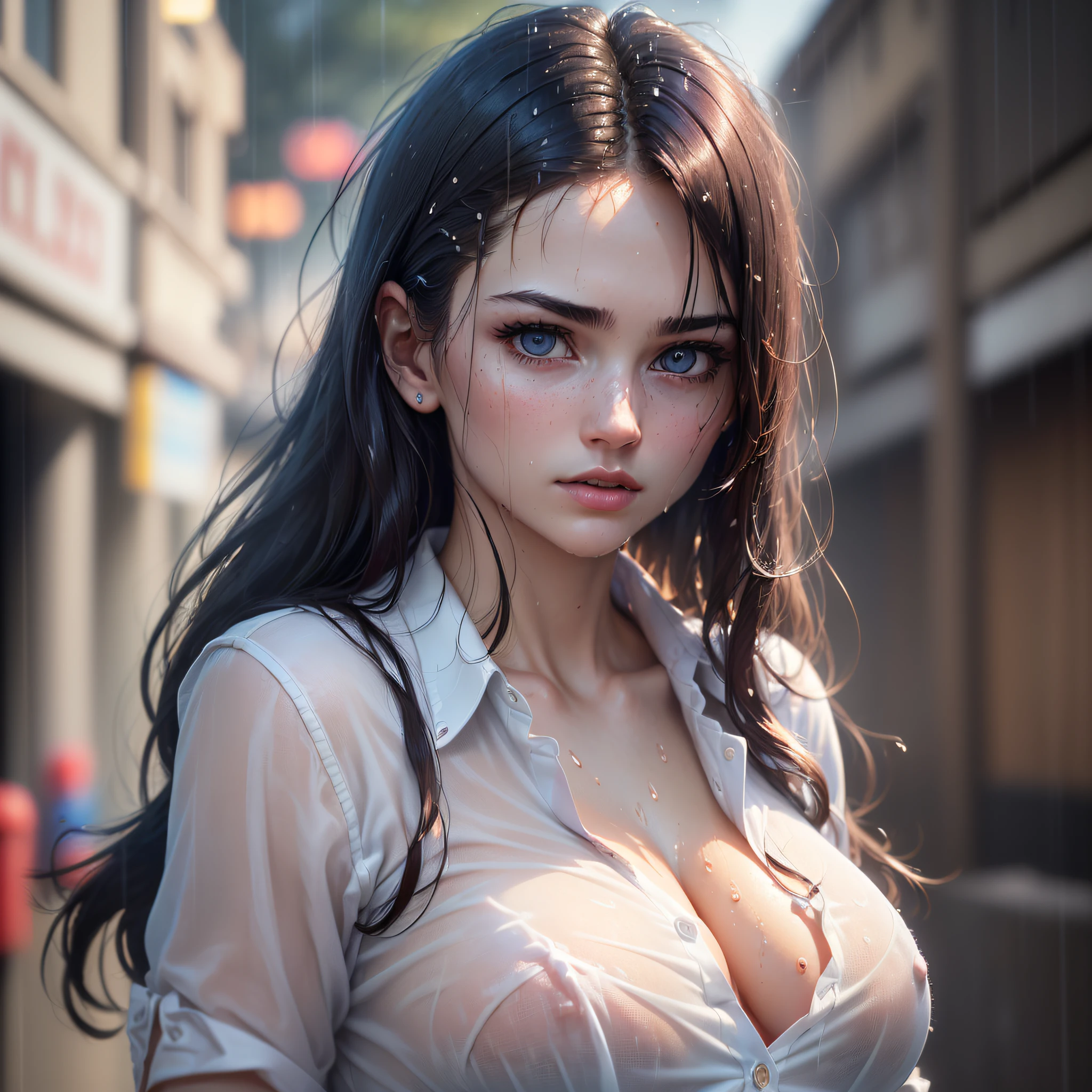 Transparent, wet gradient, (without bra) (small and beautiful hard (thin and moist buttons up to the length of the shirt: 1.1), (white shirt wet with rain), (rain, street: 1.2), wet body: 1.1, very detailed face and skin texture, detailed eyes, double eyelids, moody atmosphere, sharp eyes, (large), ((8k, RAW photos, top quality, masterpiece), High Definition RAW Color Photo Professional Close-up Photo, (Realistic, Photorealism: 1.37), (Best Quality), (Best Shadow), (Best Illustration), ((Erotic, Sexy, Ultra High Definition, High Definition CG Integrated 8K Wallpaper, Physically Based Rendering, Cinematic Lighting), 1 School 18  Old Girl, Straight Hair, (Big)