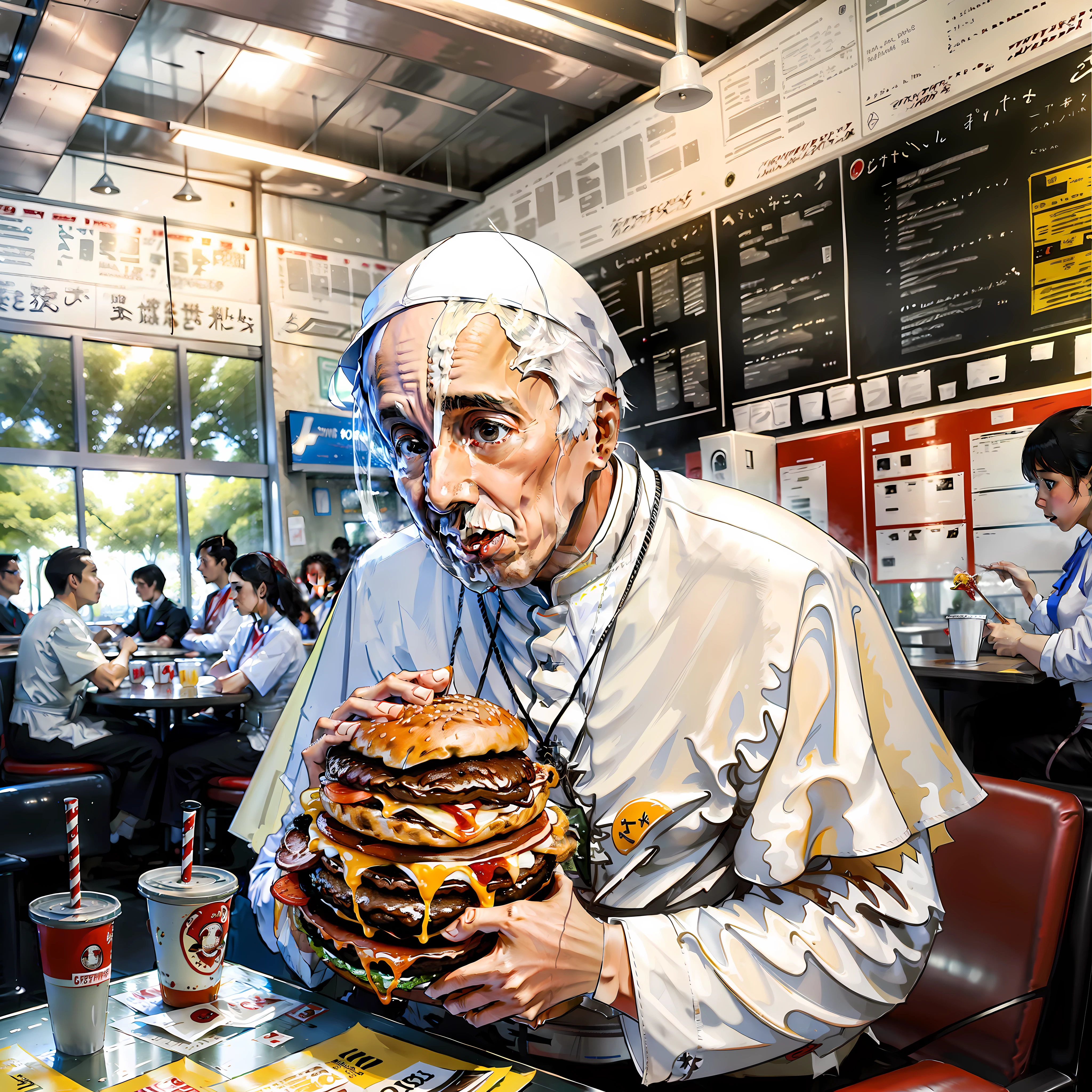 Pope Francis co.endo hamburger in a cafeteria