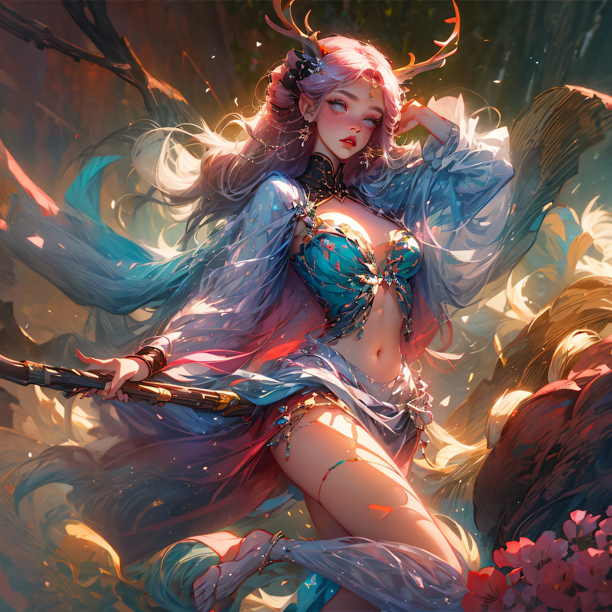 (best quality, masterpiece), 1girl, pose, particle, wind, flower, upper body, simple background, looking at the viewer, galaxy, perfect eyes, sexy lingerie, boldness, potato garters, hand-drawn sketch illustration of a beautiful dnd ifreet djinn girl with hot pink hair and golden stretch marks, waist-length hair, golden eyes, rosy cheeks, Natural red lips, long eyelashes, deer antlers, flowers in the hair, elegant clothes, blue skin, illustration, watercolor ink sketch, full body, bow and arrow pose, in the forest, firepower in hand. --auto --s2