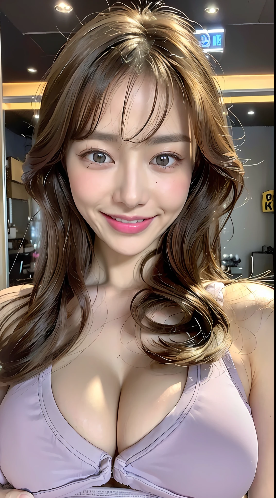 ((the highest quality、8k、A masterpie:1.3))、a 1girl、Beautiful woman with accentuated slim abs:1.3、(Casual Hairstyles、super ?????:1.4)、gym、underware:1.2、Super Detail Face、delicated eyes、Double eyelidd、soft ???????、a smiling look、Ultra exposed cleavage、All over body